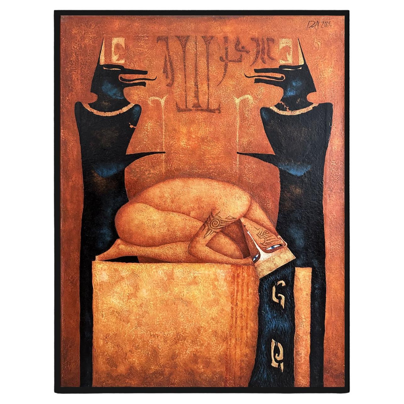 International Style Sacrifice Oil on Canvas Original Painting  in Wooden Gold Leaf Frame, 2005 For Sale