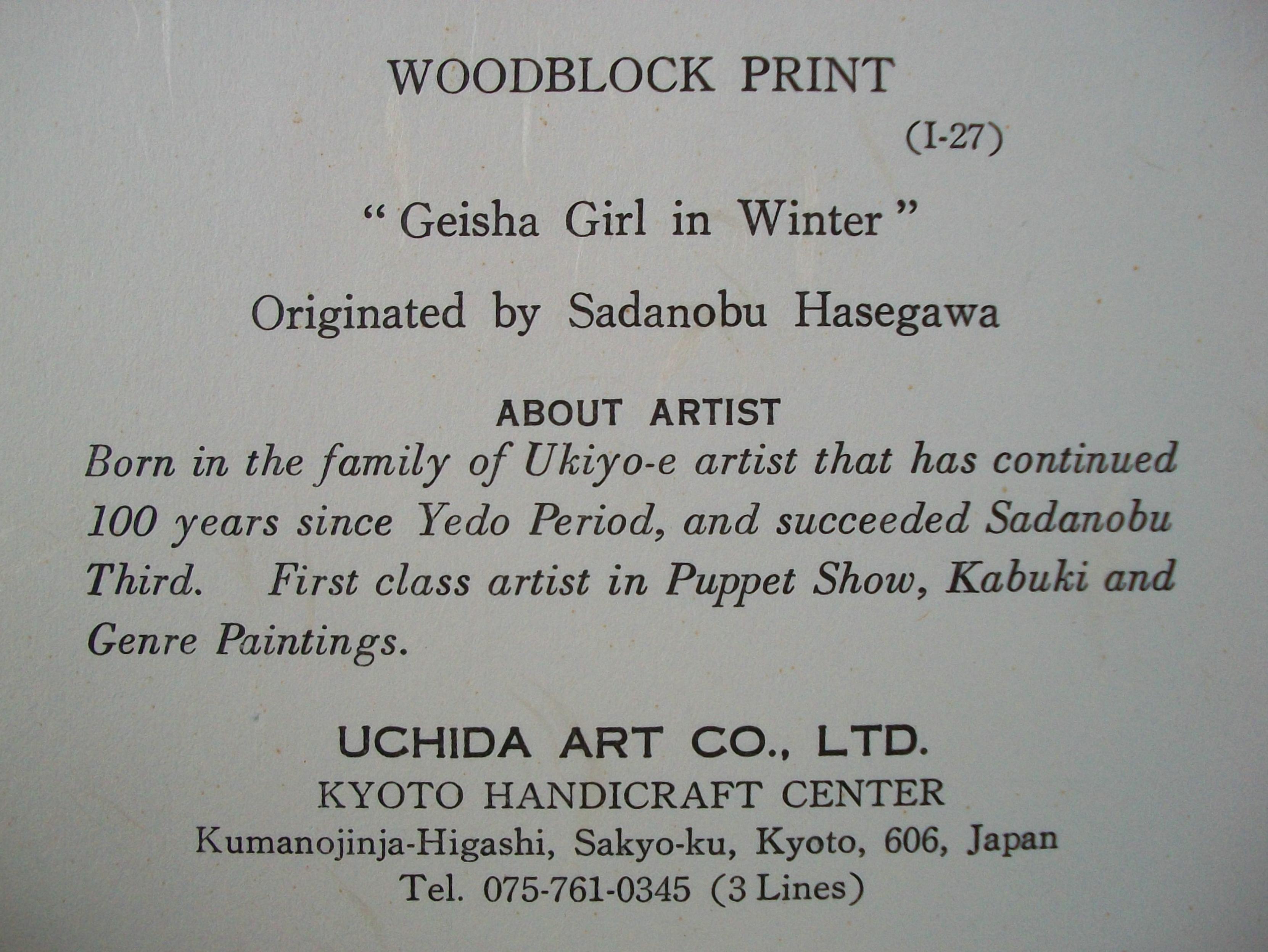 Hand-Crafted SADANOBU HASAGAWA III - 'Geisha Girl in Winter' - Woodblock Print - 20th Century For Sale