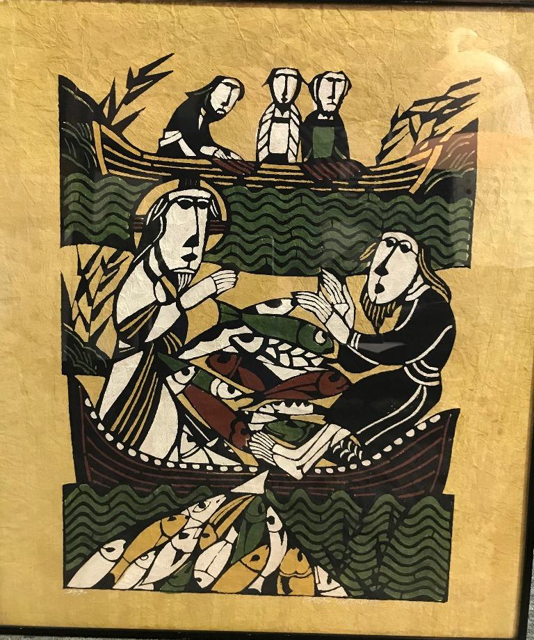 An engaging, beautifully designed hand-colored dye stencil print on Momigami paper by renowned Japanese print maker Sadao Watanabe depicting Jesus performing the miracle of the fish. This print is signed, dated (1975) and numbered (20/70) by