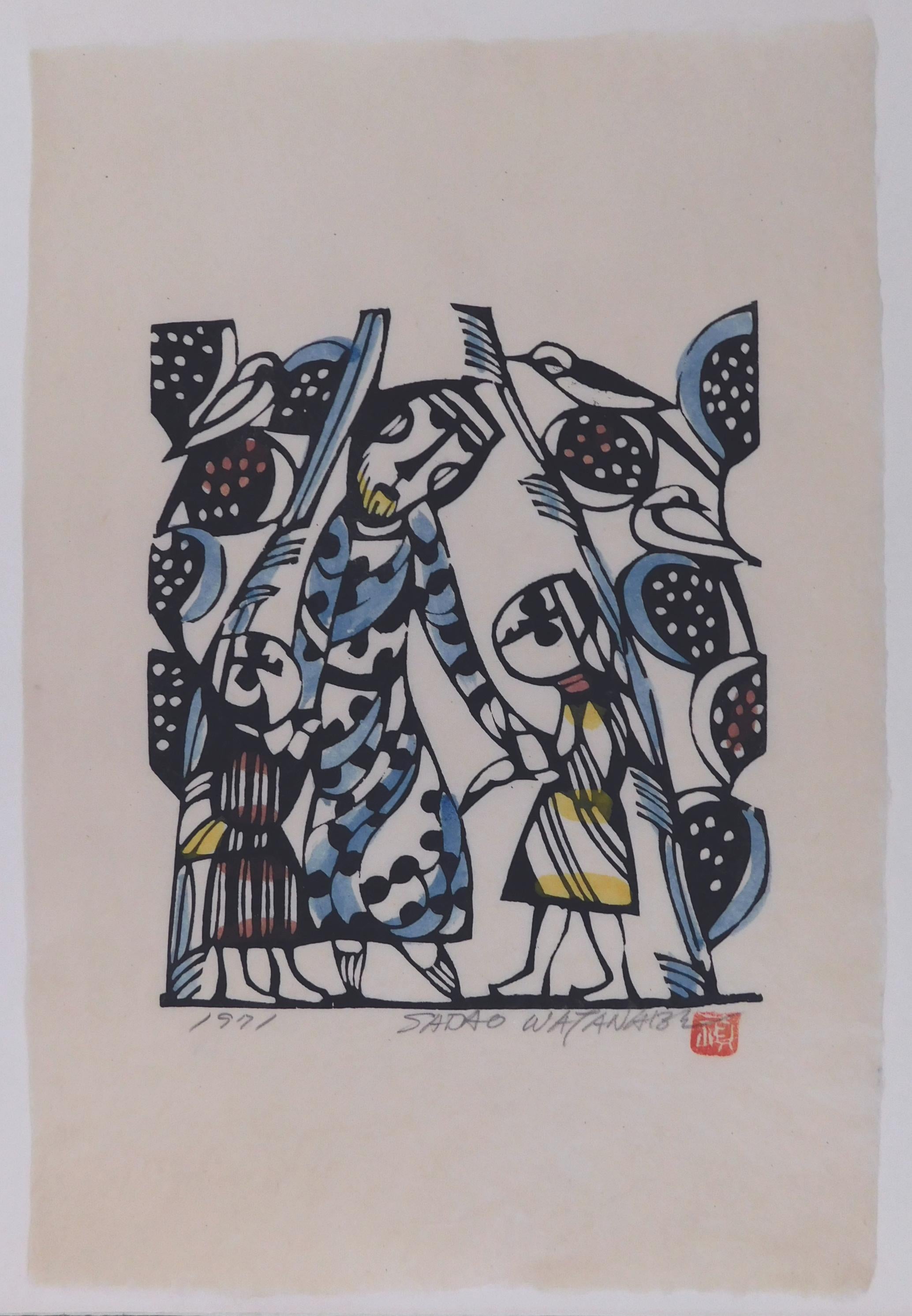 Stencil Print by Sadao Watanabe (1913-1996) on hand-made washi paper.
The image is of Jesus welcoming the children from Luke 18:15-17: “Suffer the
little children and forbid them not to come to me....”
Artist’s chop mark and pencil signature are