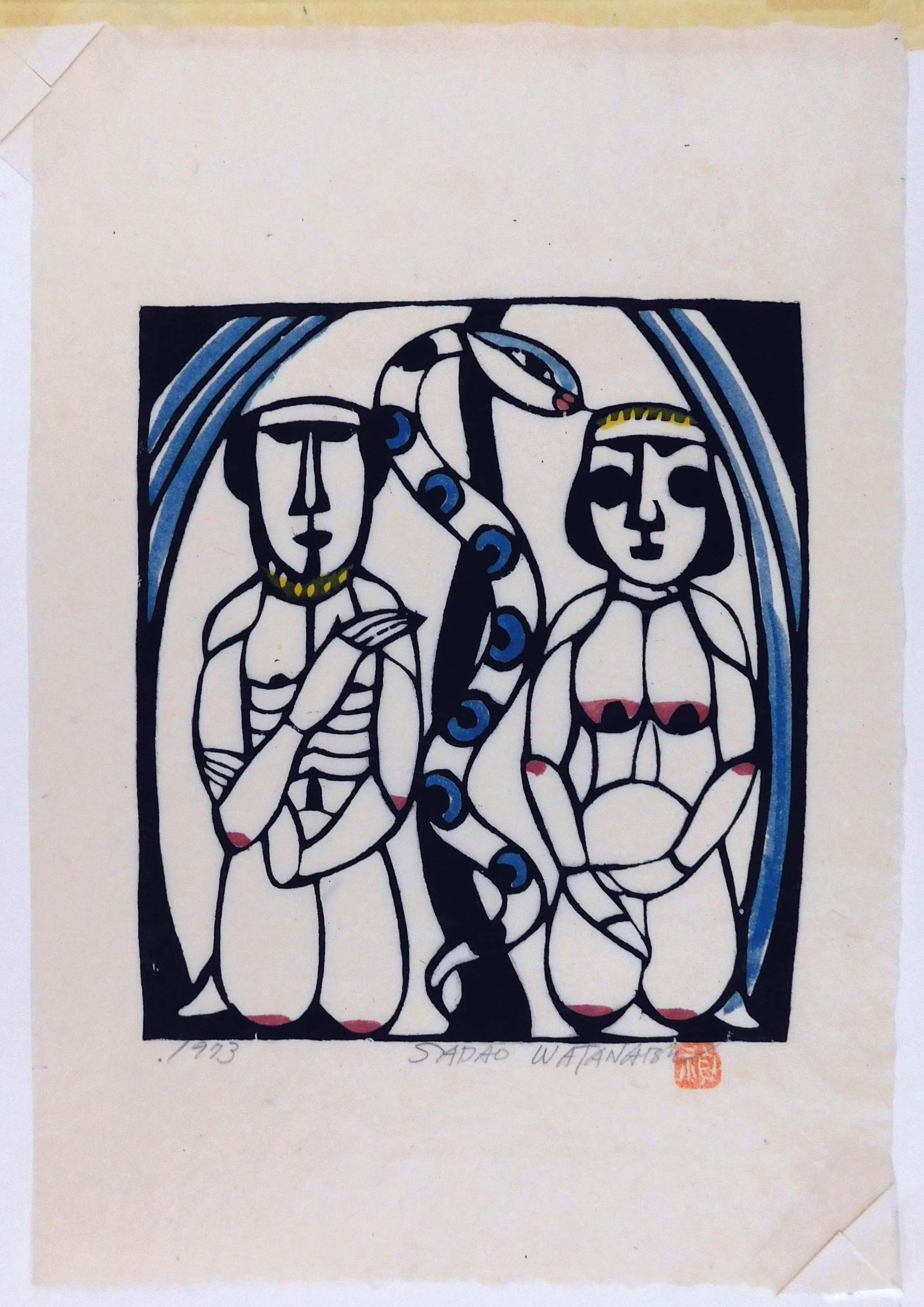 Stencil Print by Sadao Watanabe, hand colored on hand-made washi paper.
This image depicts Adam & Eve with the snake in the garden of  Eden from Genesis.
Artist’s chop mark and pencil signature are seen lower right. Dated (1973) lower left.
The work