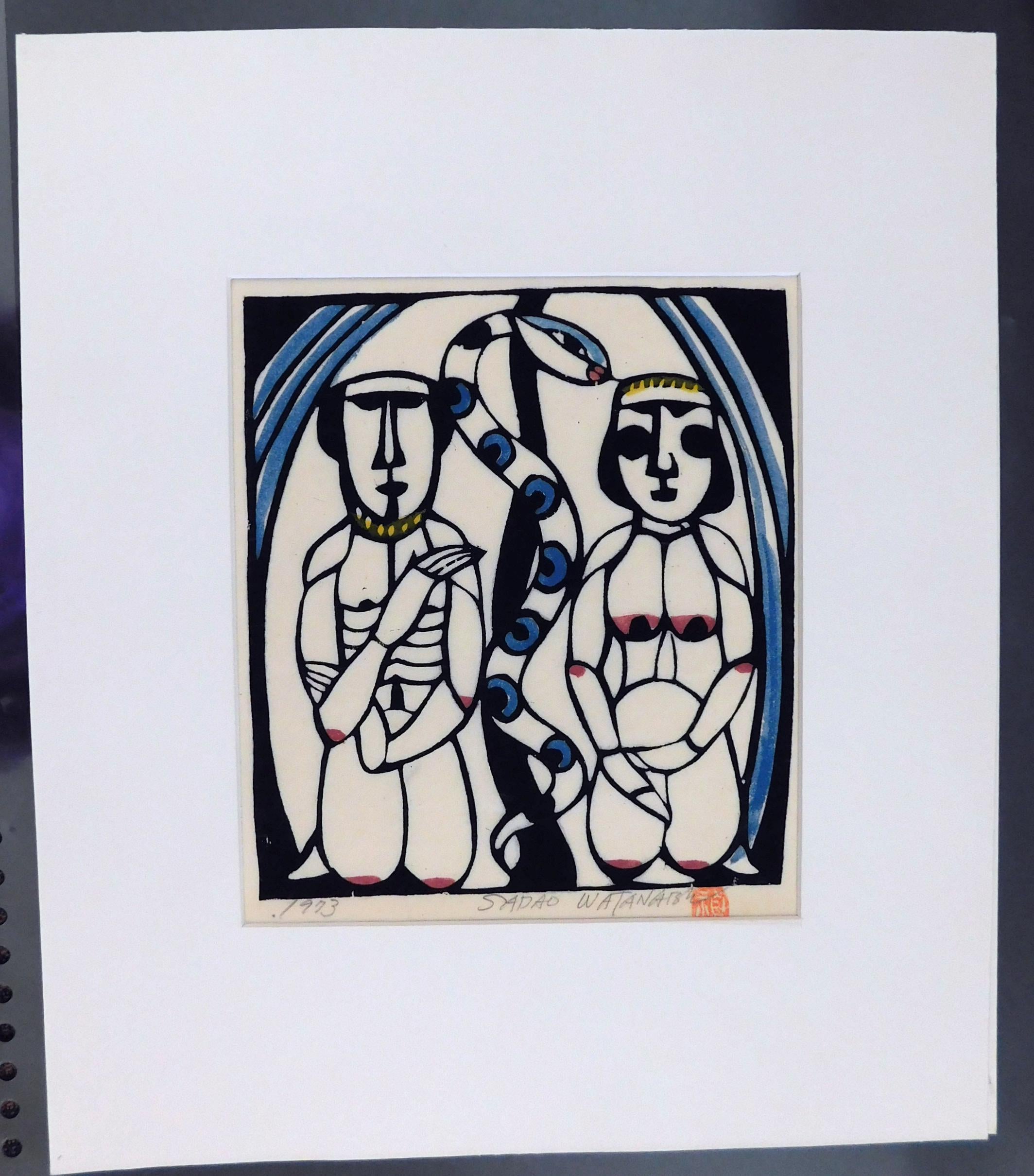 Sadao Watanabe Original Stencil Print, 1973 - Adam and Eve In Excellent Condition For Sale In Phoenix, AZ