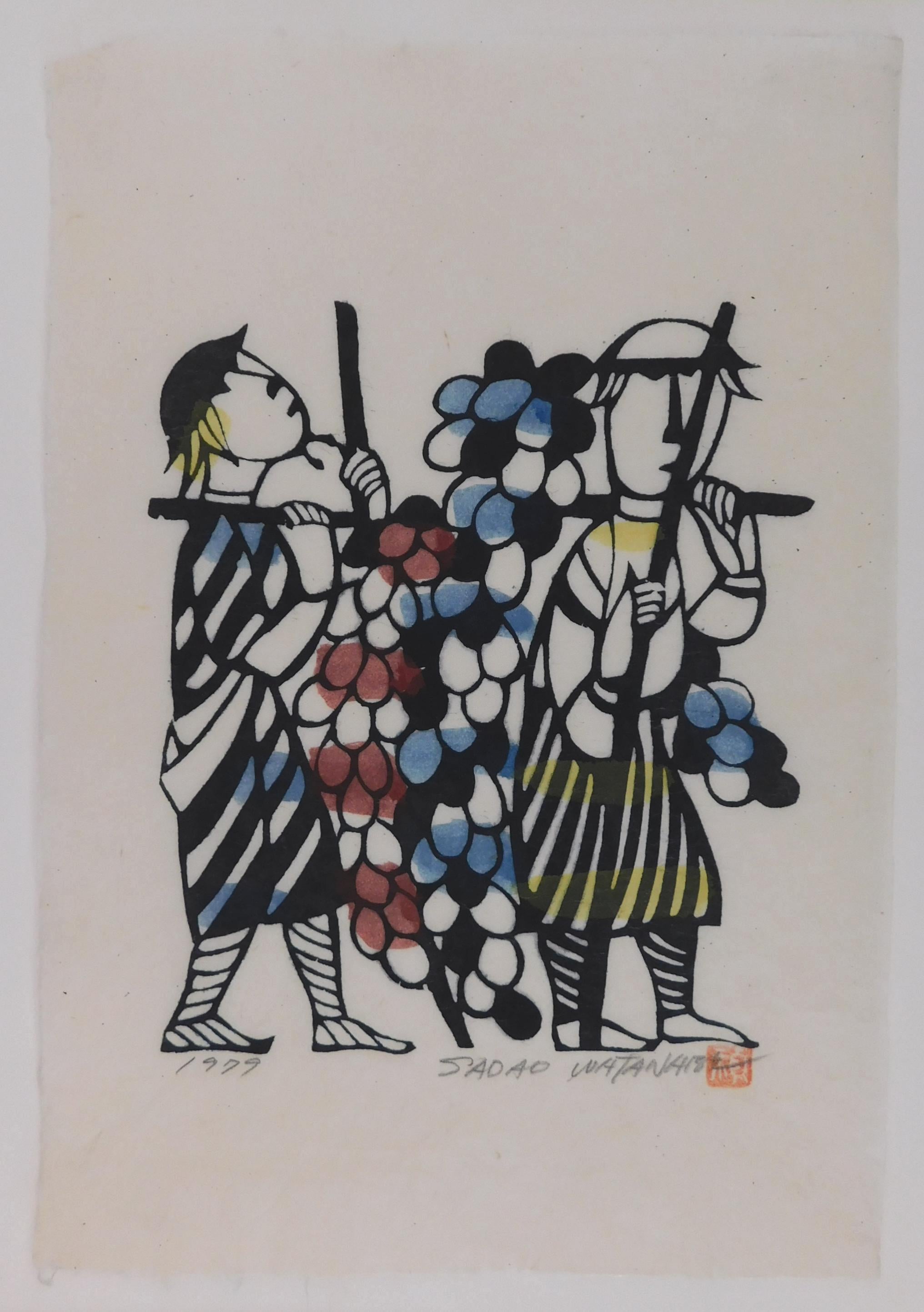 Stencil Print by Sadao Watanabe, hand colored on hand-made washi paper.
The image is from the story of Moses: Numbers 13:23, 'and they came to the valley of Eshcol, and cut down from there a branch with a single cluster of grapes, and they carried