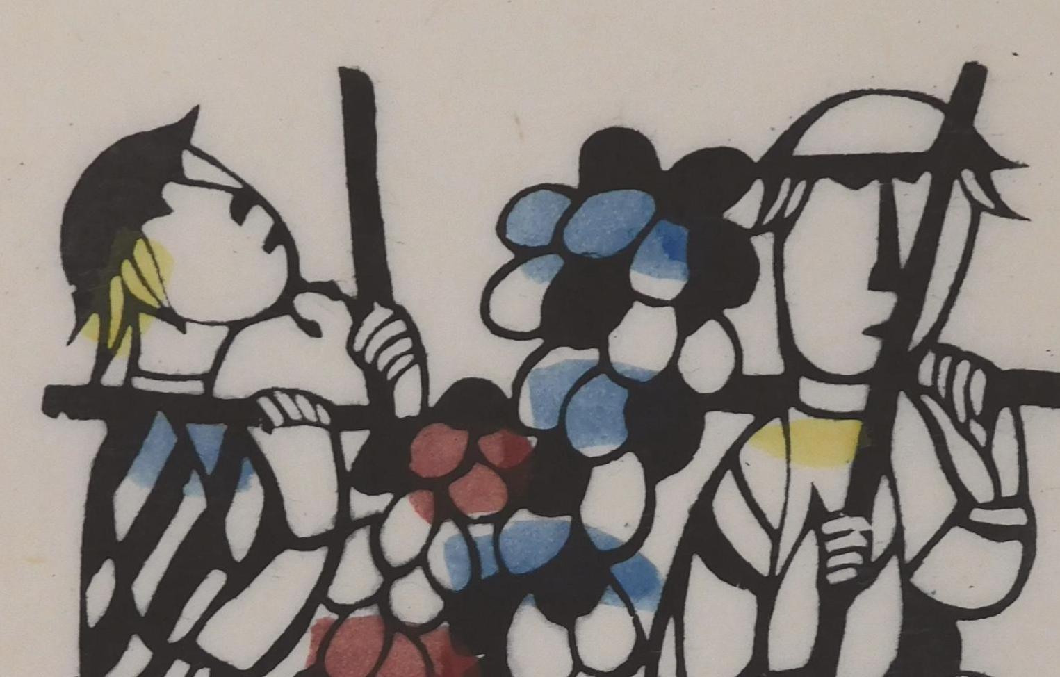 20ième siècle Sadao Watanabe - Impression au crayon originale, 1979 - Harvesting the Grape in Canaan en vente
