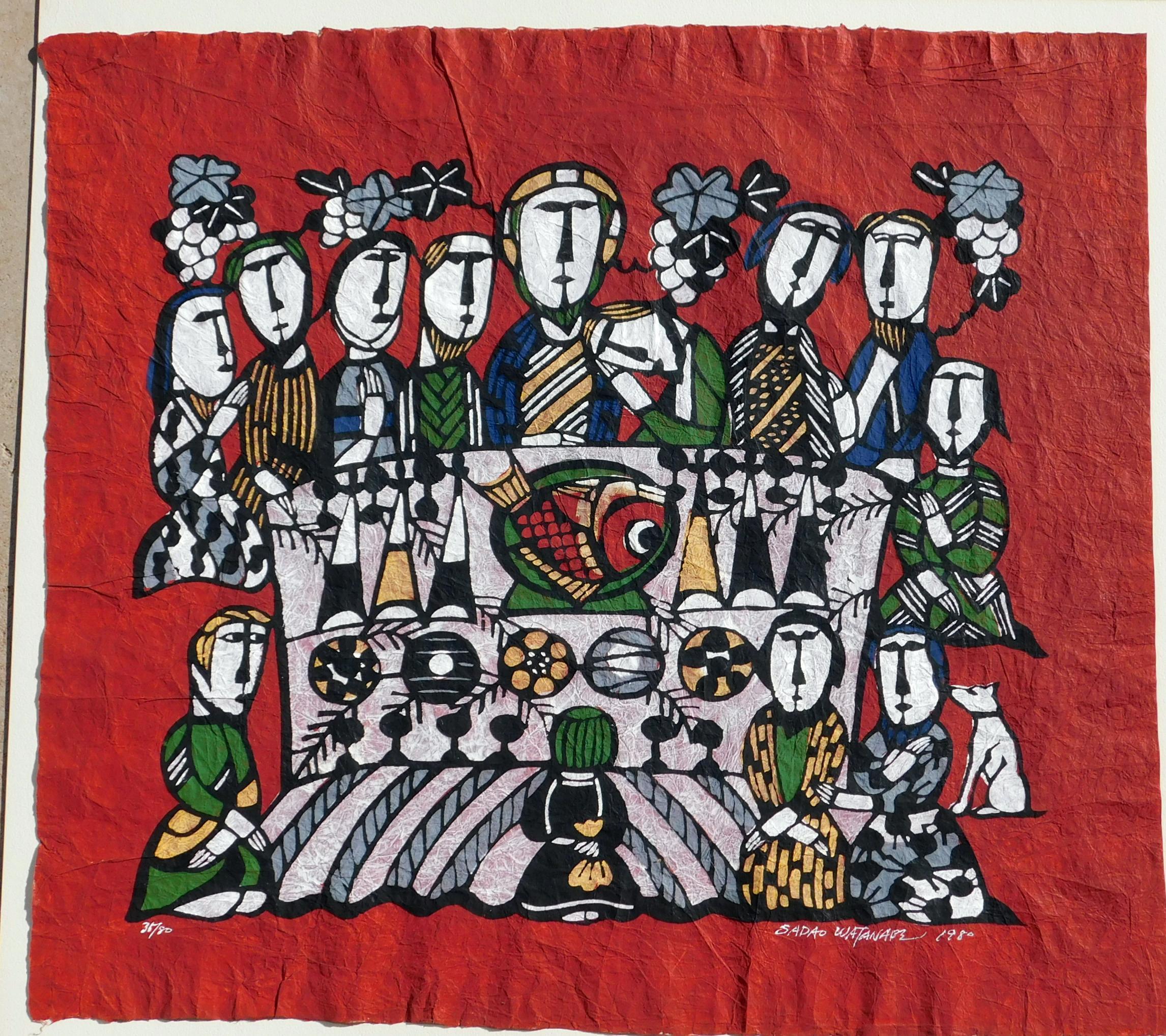 Sadao Watanabe (1913-1996) Limited Edition Stencil Print on Hand Made Paper  
Title: The Last Supper. Created 1980. No. 35 of the edition of 80.
Image size: 18