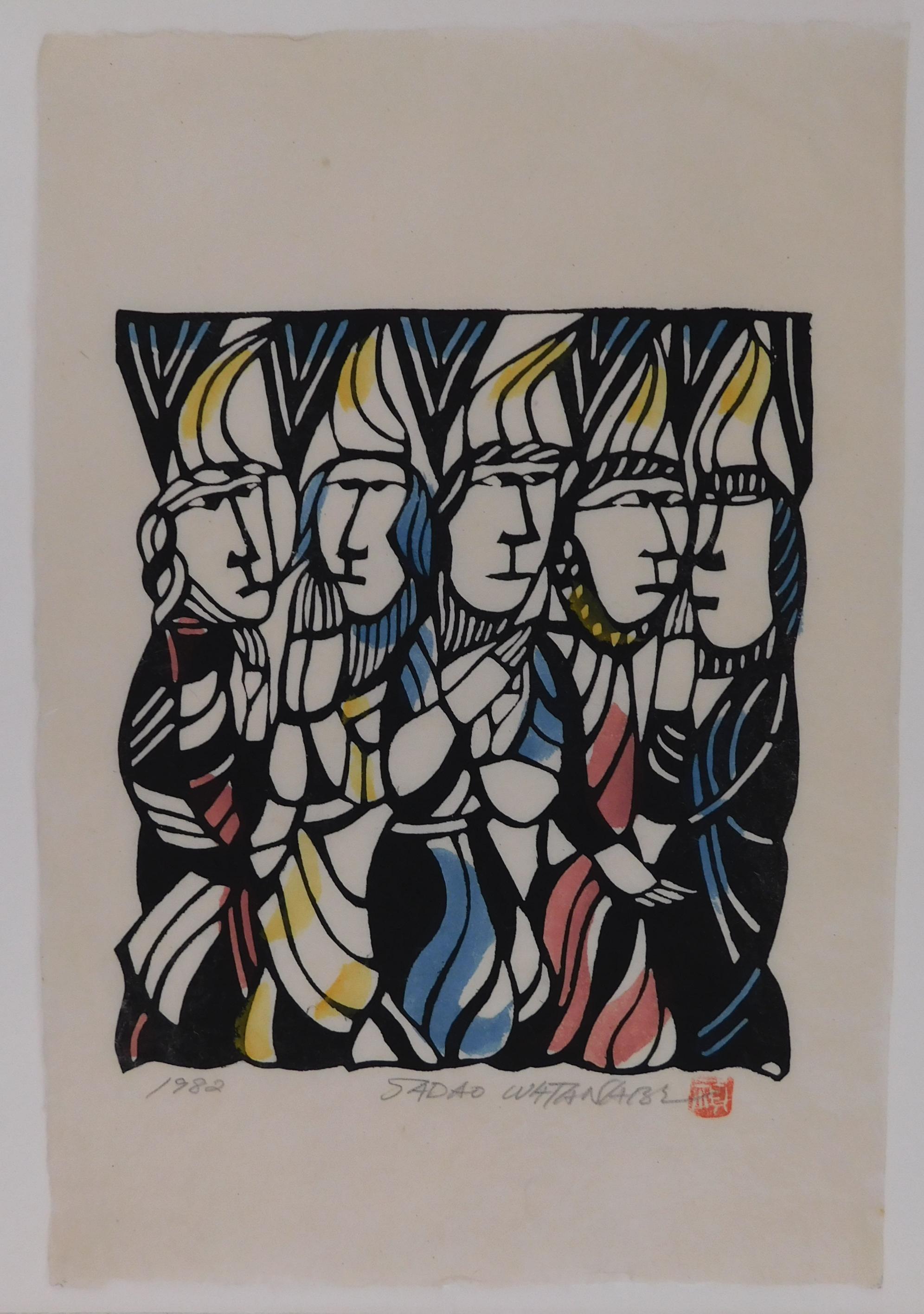 Stencil Print by Sadao Watanabe, hand colored on hand-made washi paper.
This image depicts the flames of fire seen on the day of Pentecost from the book of Acts.
Artist’s chop mark and pencil signature are seen lower right. Dated (1982) lower