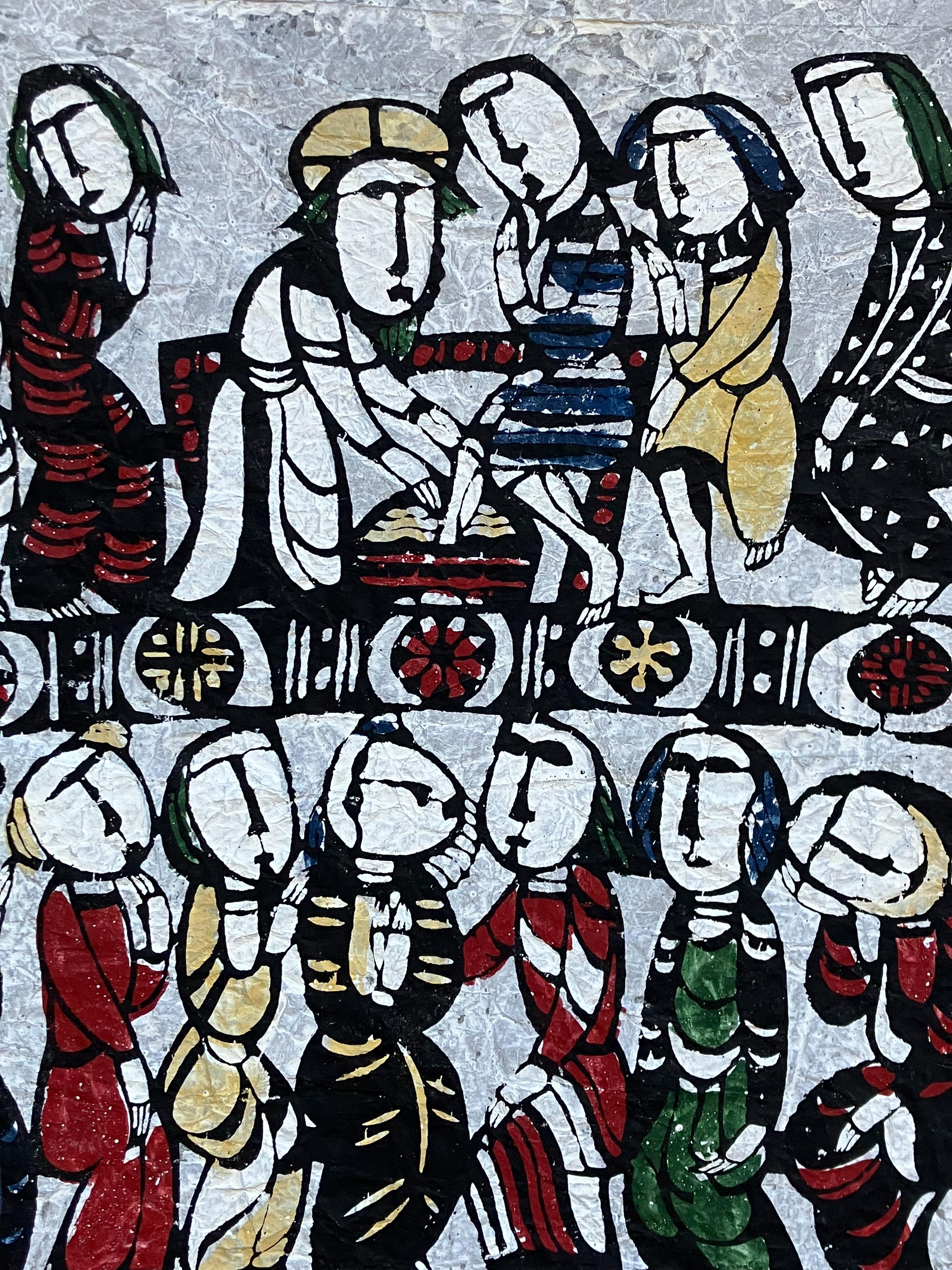 Artiste : Sadao Watanabe (1913-1996)
Titre : Le Christ lavant les pieds des disciples
Année : 1970
Médium : Teinture au pochoir japonais (kappazuri) avec coloration à la main
Papier : papier washi
Taille de la feuille : 27.75 x 23.25 pouces 
Taille