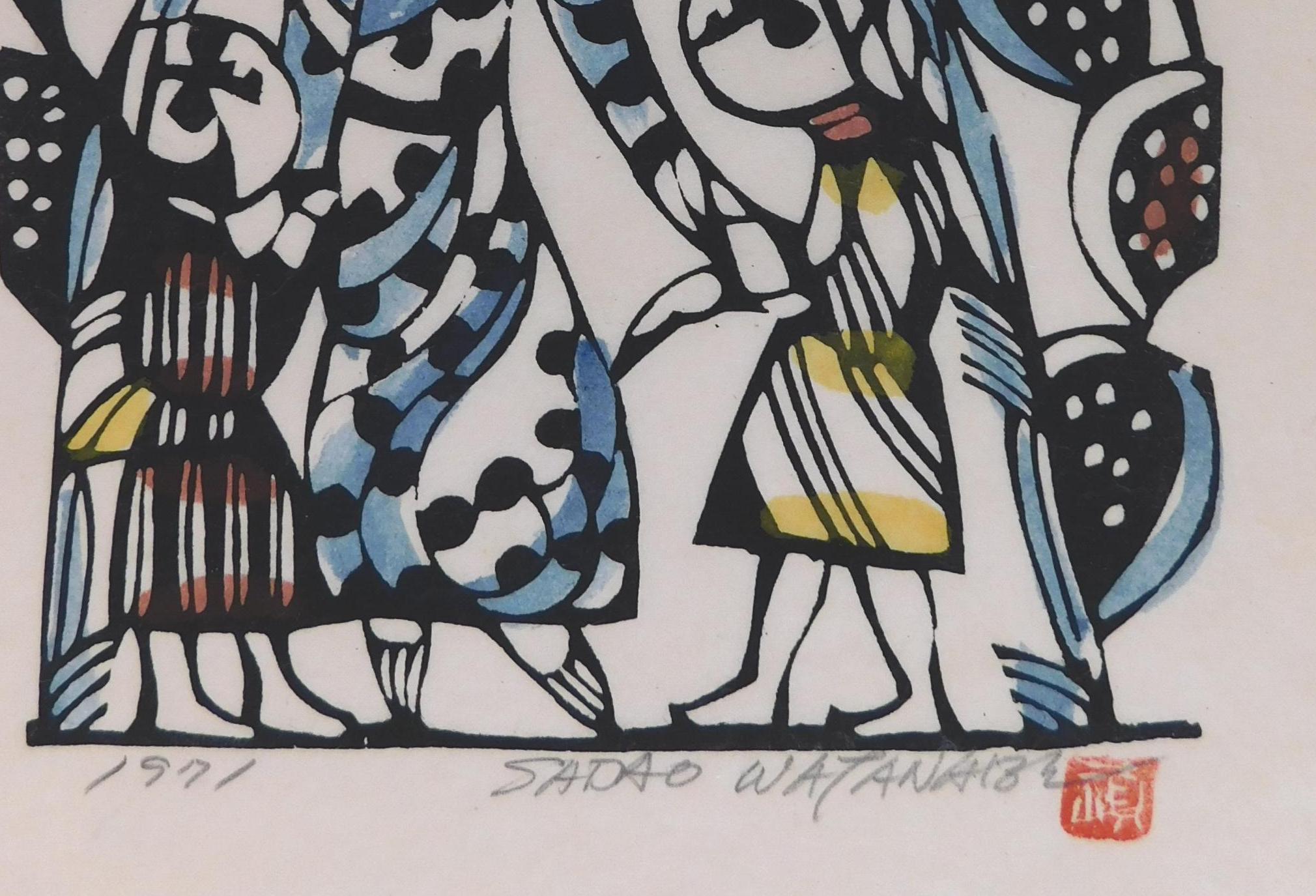 Sadao Watanabe Original Stencil Print, 1971 - Jesus and the Children 3
