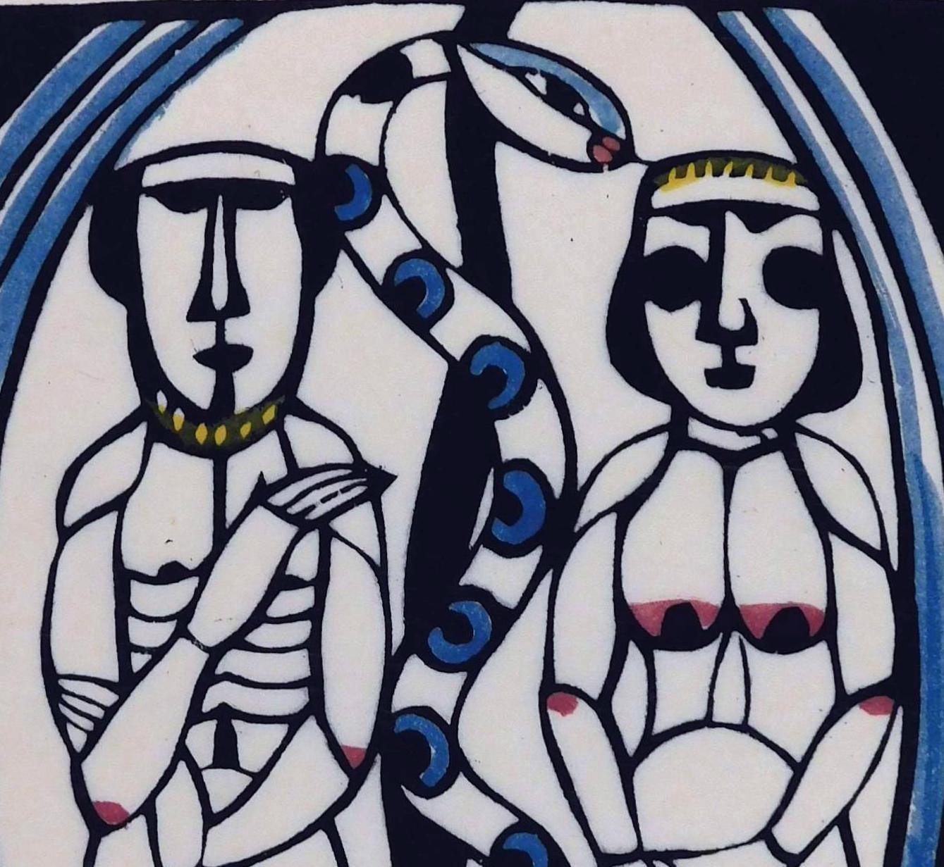 Stampa a stencil di Sadao Watanabe, colorata a mano su carta washi fatta a mano.
Questa immagine ritrae Adams ed Eva con il serpente nel giardino di  L'Eden della Genesi.
Il marchio dell'artista e la firma a matita sono visibili in basso a destra.