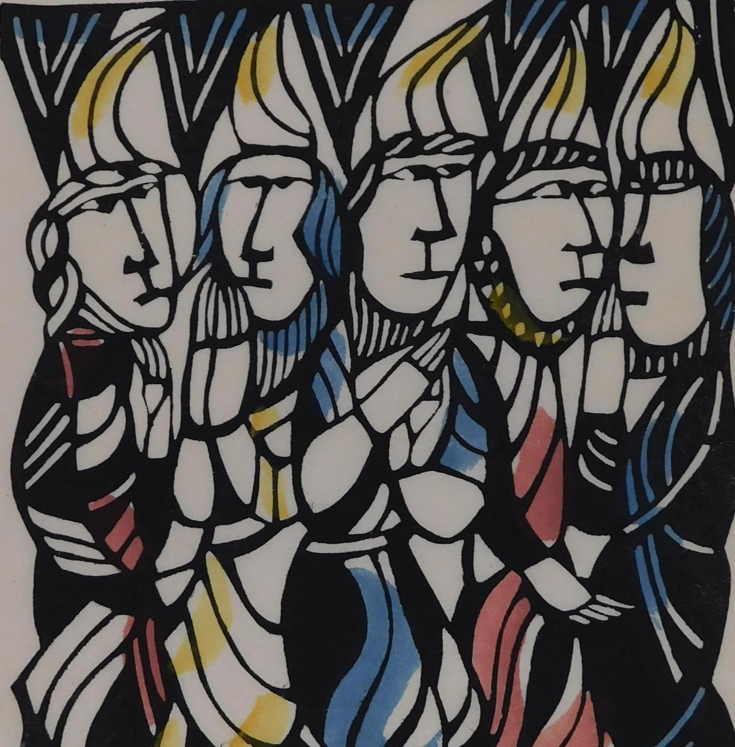 Stampa a stencil di Sadao Watanabe, colorata a mano su carta washi fatta a mano.
Questa immagine raffigura le fiamme di fuoco viste il giorno di Pentecoste dal libro degli Atti.
Il marchio dell'artista e la firma a matita sono visibili in basso a