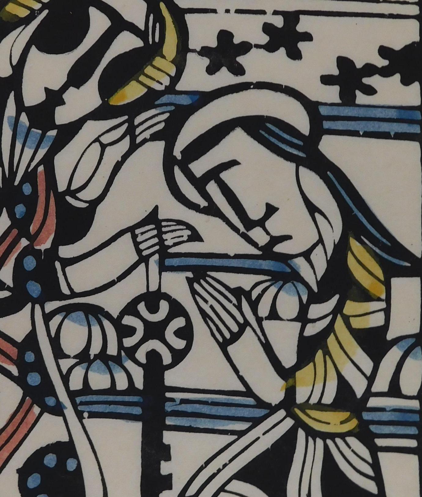 Stencil Print by Sadao Watanabe, hand colored on hand-made washi paper.
This image depicts the words in Mathew 16:19 when Christ gives great authority
to Peter saying: I will give you the Keys of the Kingdom of Heaven.
Artist’s chop mark and pencil