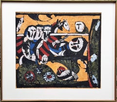 Vintage The Nativity- "Housed in a 28 x 32-inch brown wood and gold metal frame."