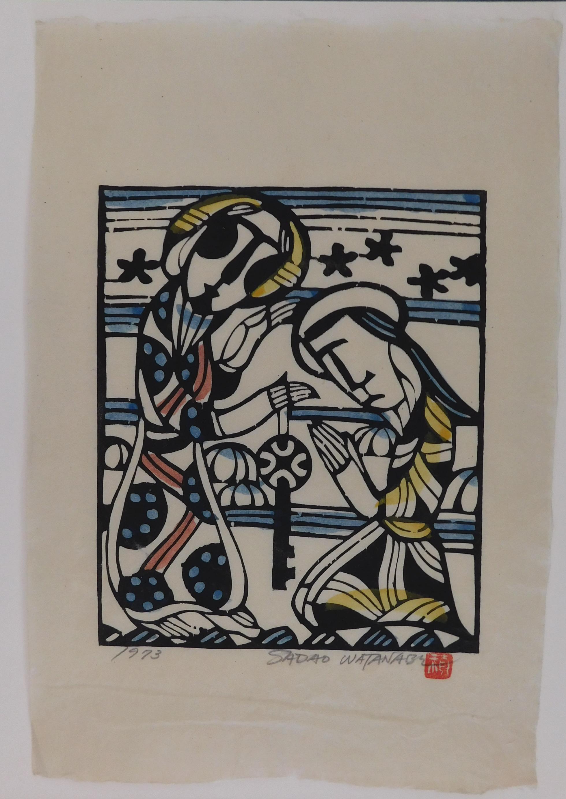 Stencil Print by Sadao Watanabe, hand colored on hand-made washi paper.
This image depicts the words in Mathew 16:19 when Christ gives great authority
to Peter saying: I will give you the Keys of the Kingdom of Heaven.
Artist’s chop mark and pencil