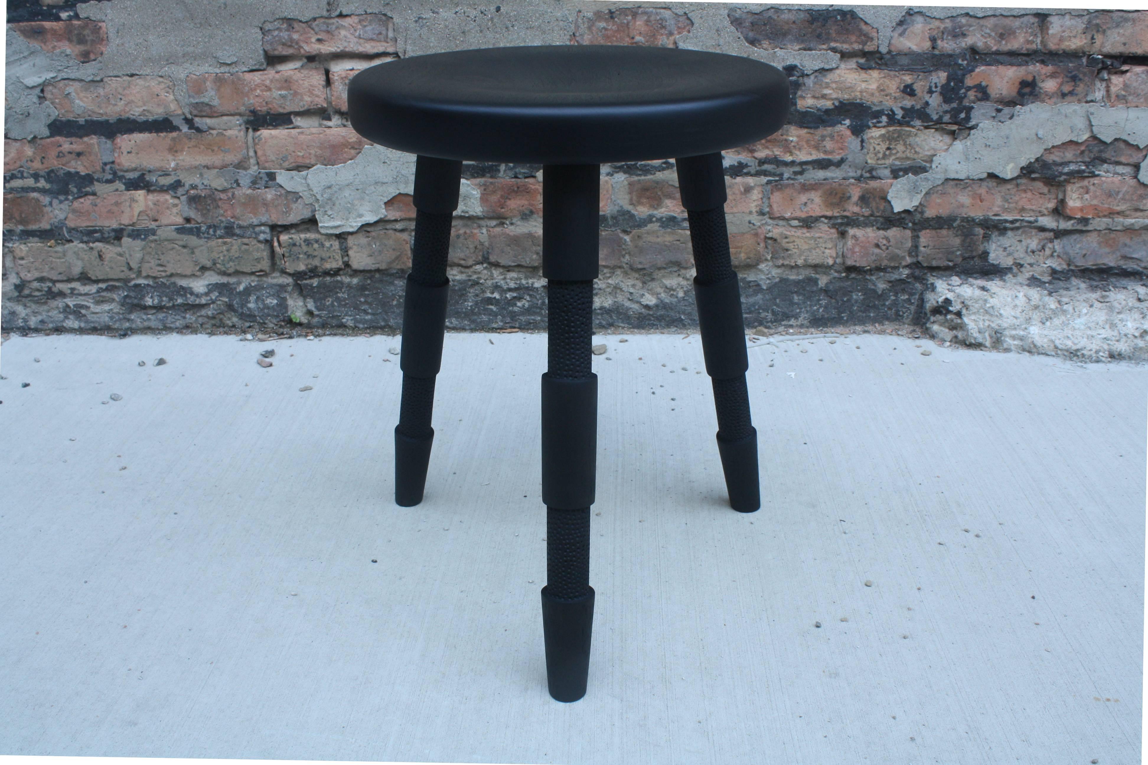 American Saddle, Handmade Wood Stool with Textured Legs and a Carved Seat For Sale
