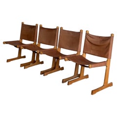Saddle Brown Leather Dining Chairs Set of 4 Mid-Century Modern 1970s