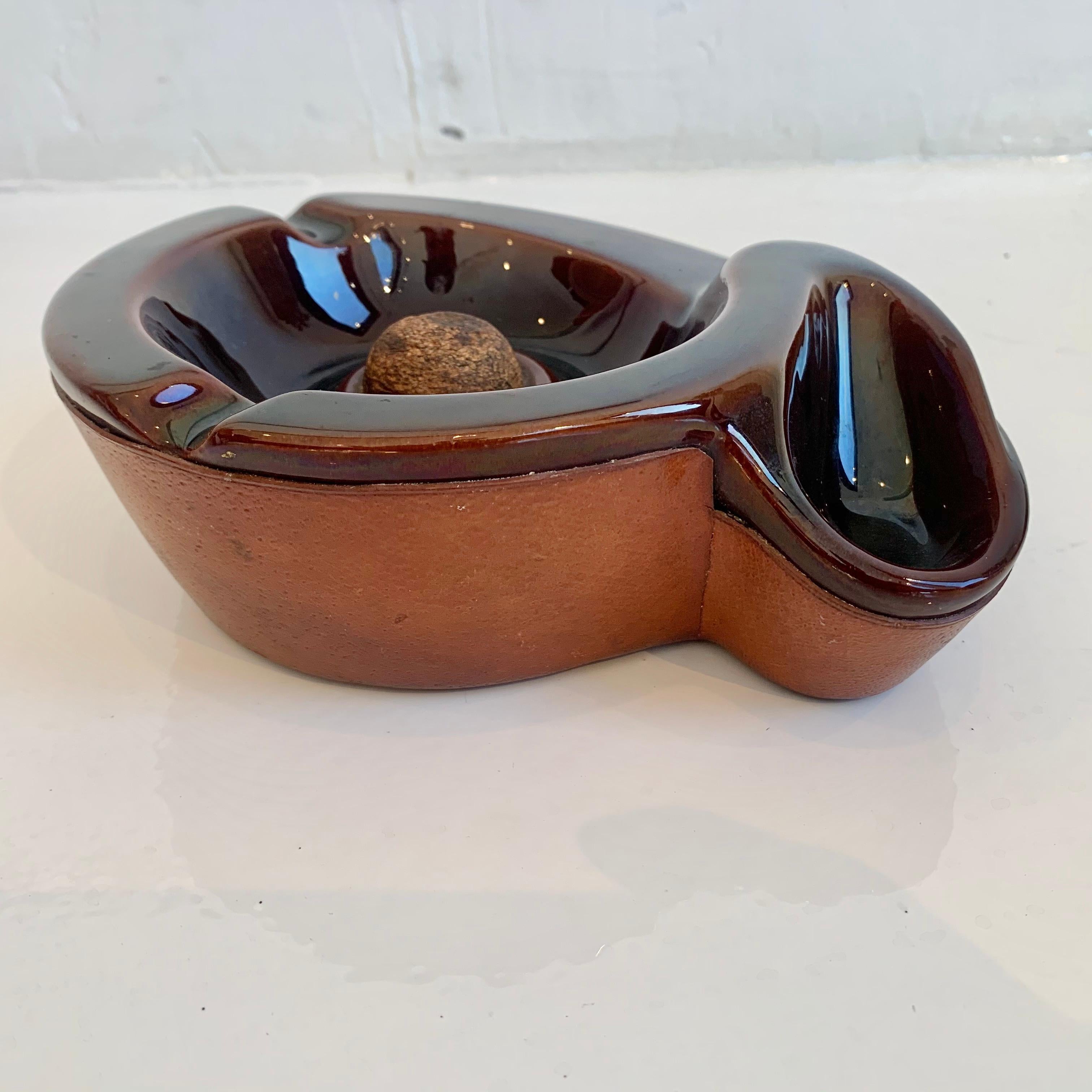 French Saddle Leather and Ceramic Ashtray by Longchamp For Sale