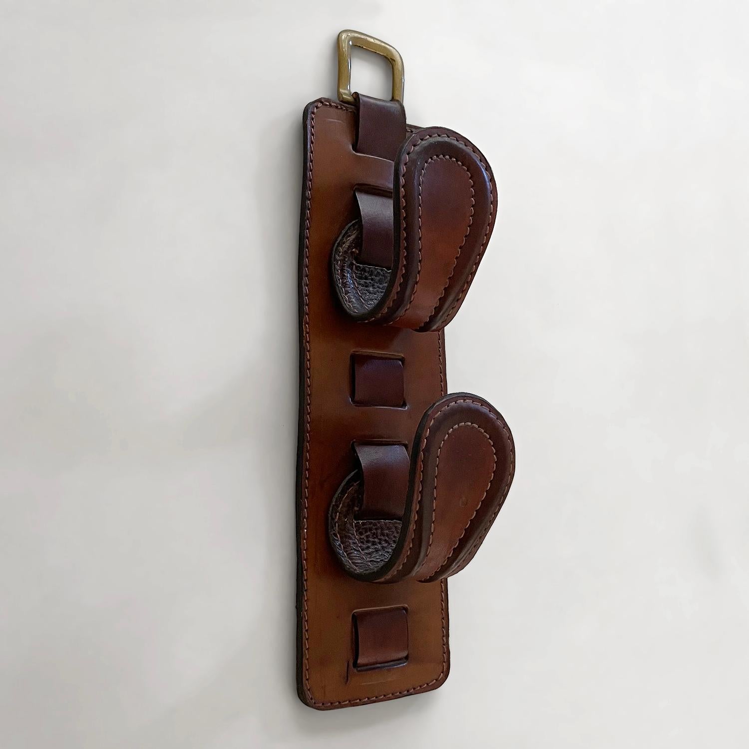 Brass French Saddle Leather Wall Hooks in the style of Jacques Adnet For Sale