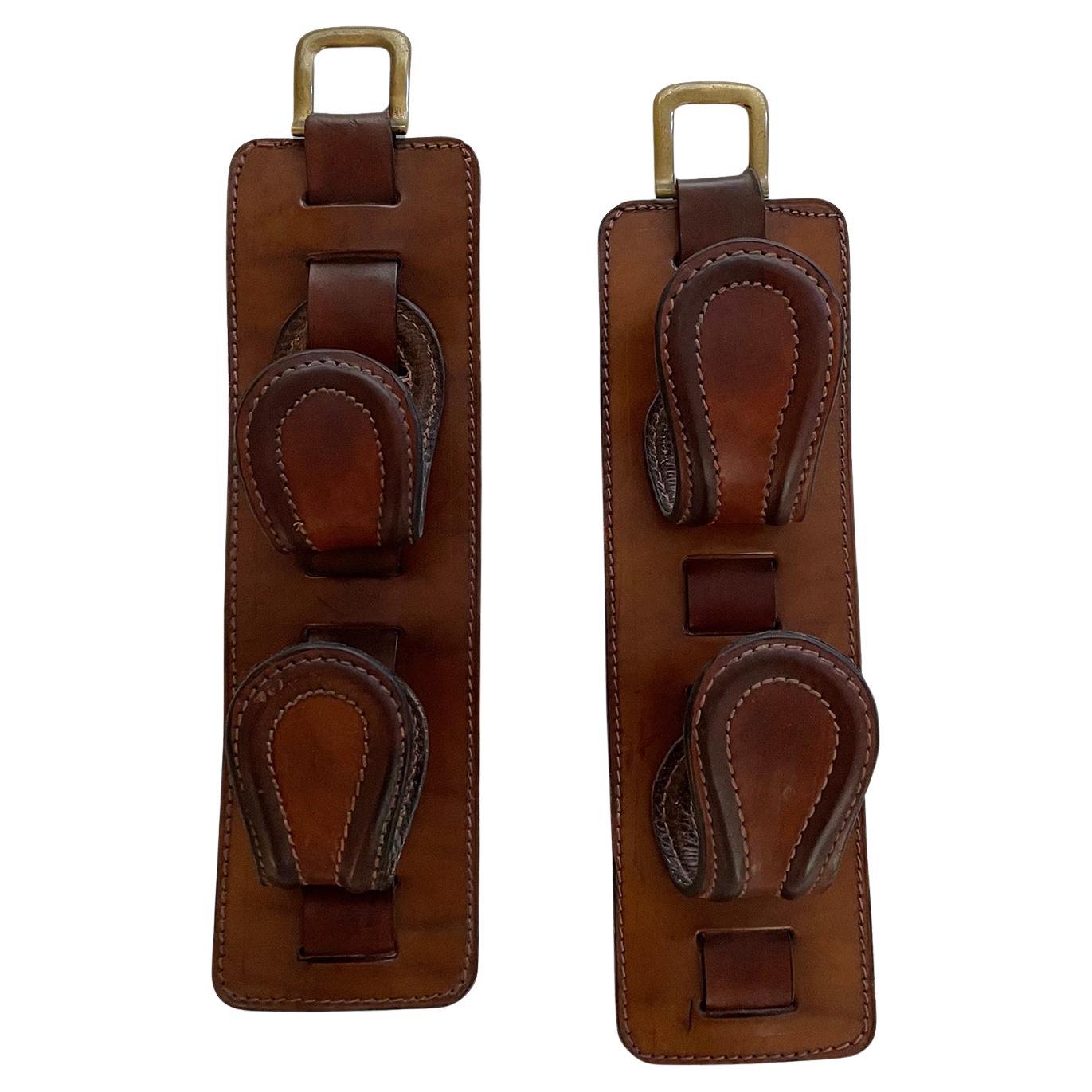 French Saddle Leather Wall Hooks in the style of Jacques Adnet