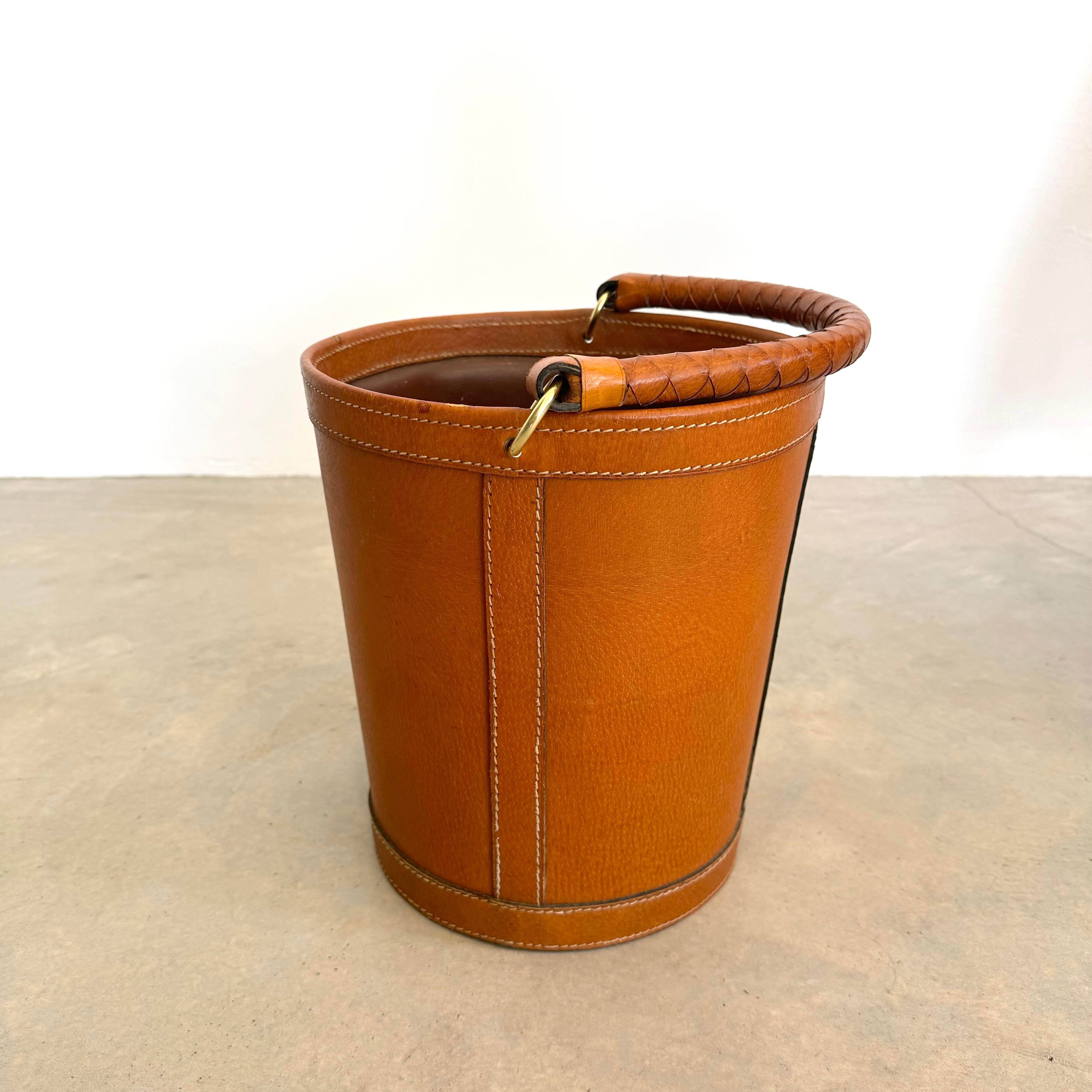 French Saddle Leather Waste Basket, 1970s France