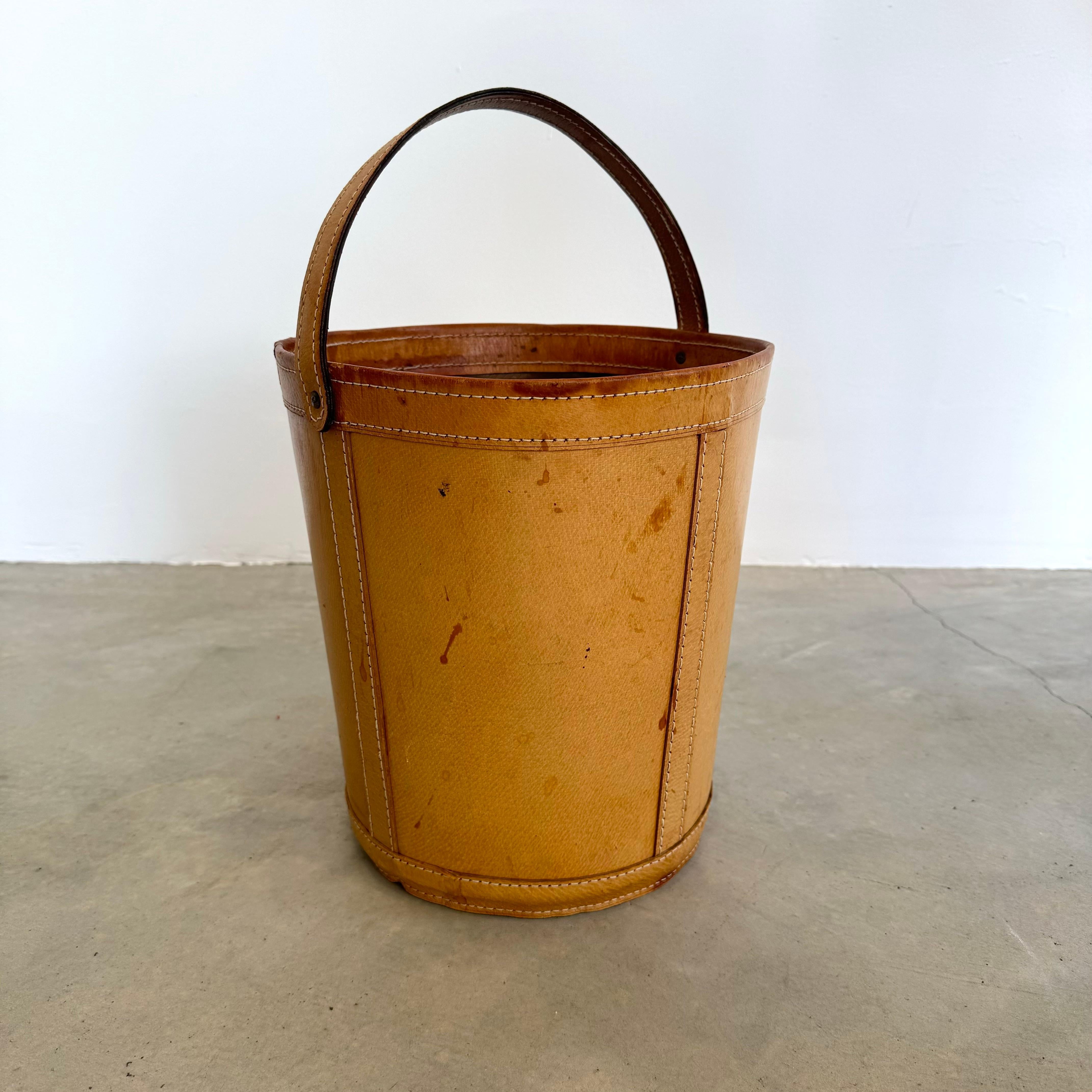 French Saddle Leather Waste Basket, 1970s France For Sale