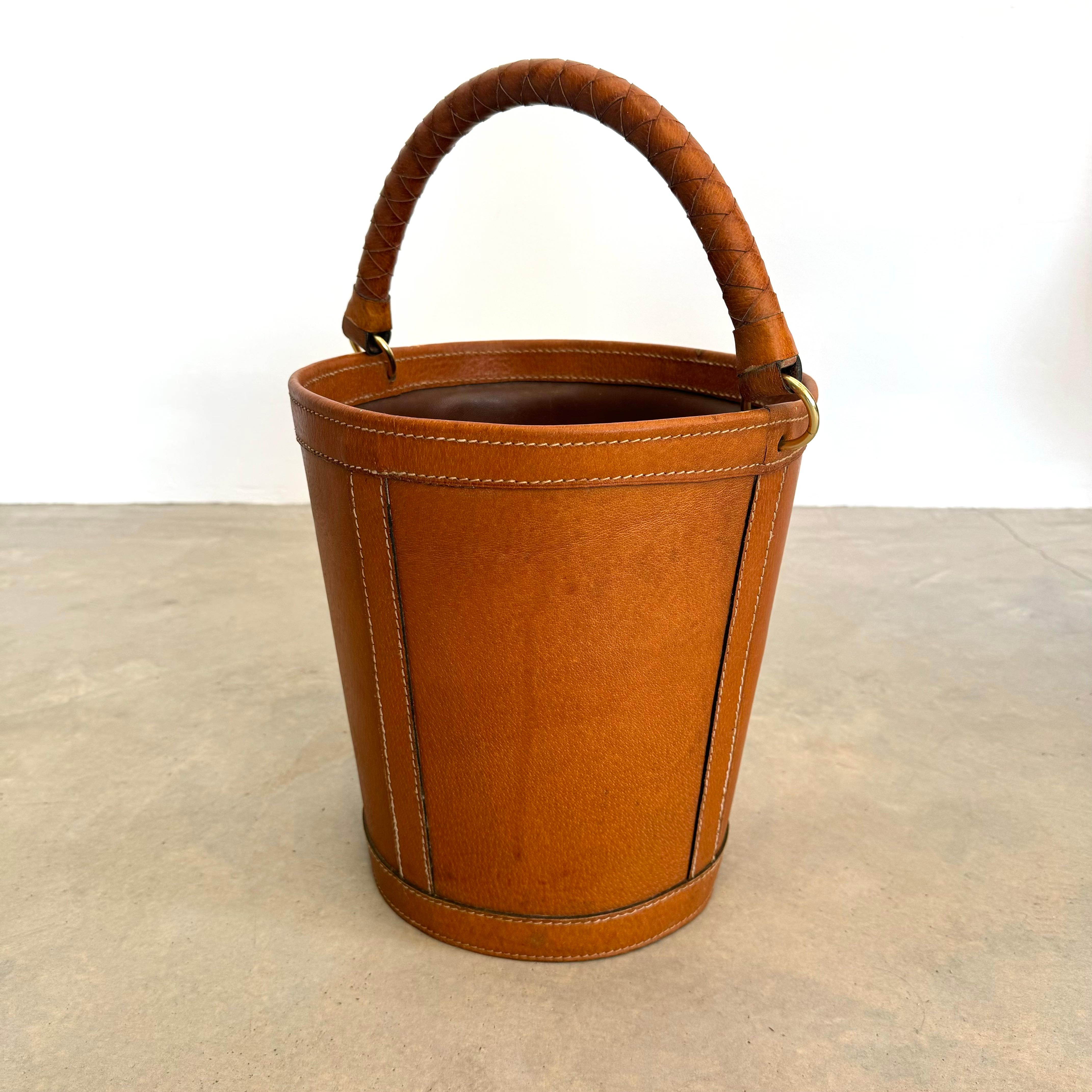 Late 20th Century Saddle Leather Waste Basket, 1970s France For Sale