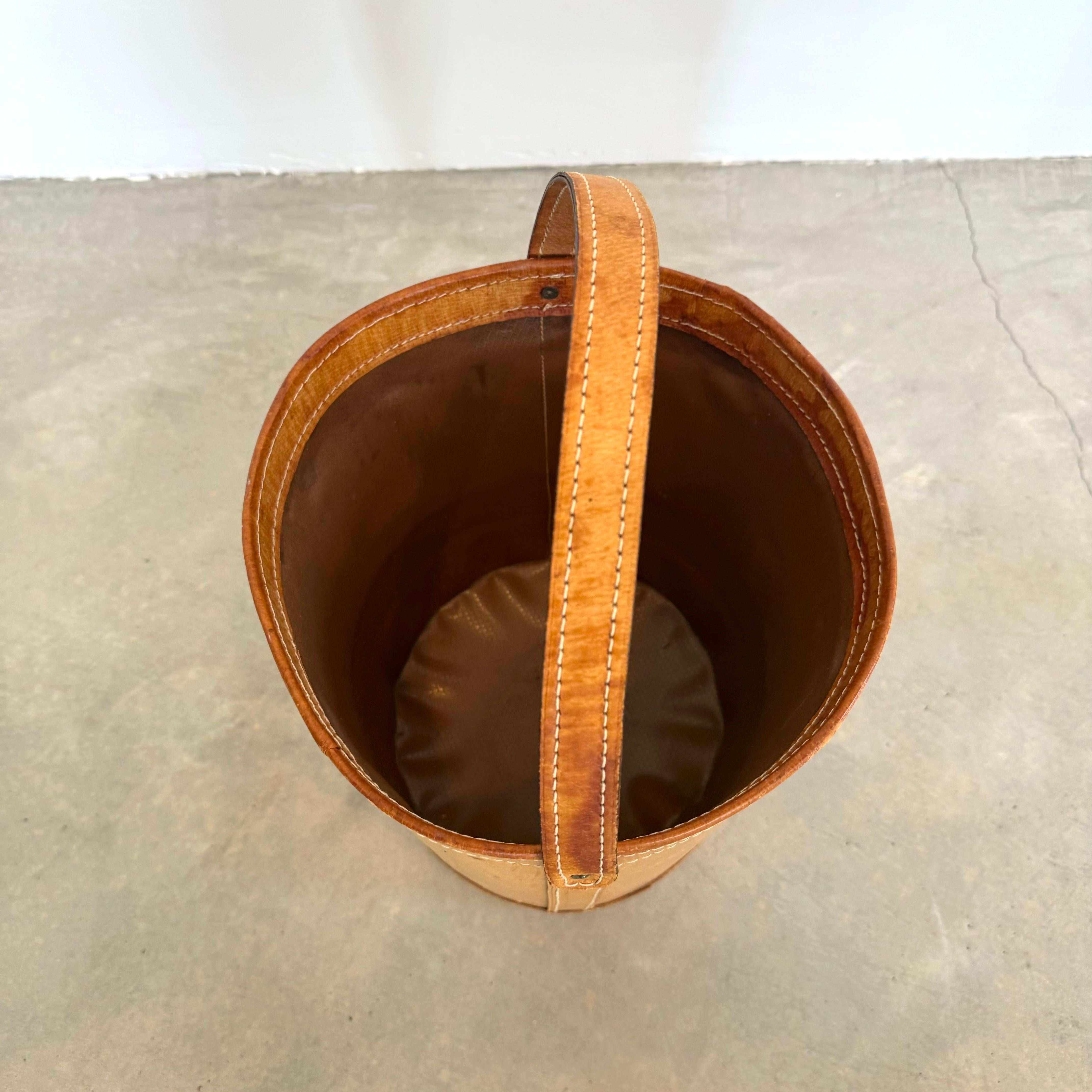 Late 20th Century Saddle Leather Waste Basket, 1970s France For Sale