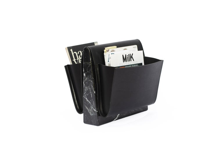 Saddle Magazine Rack in Marquina Marble and Black Saddlery Leather For ...