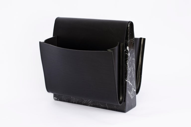 Saddle Magazine Rack in Marquina Marble and Black Saddlery Leather For ...