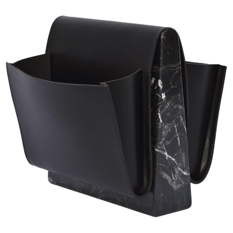 Saddle Magazine Rack in Marquina Marble and Black Saddlery Leather For ...