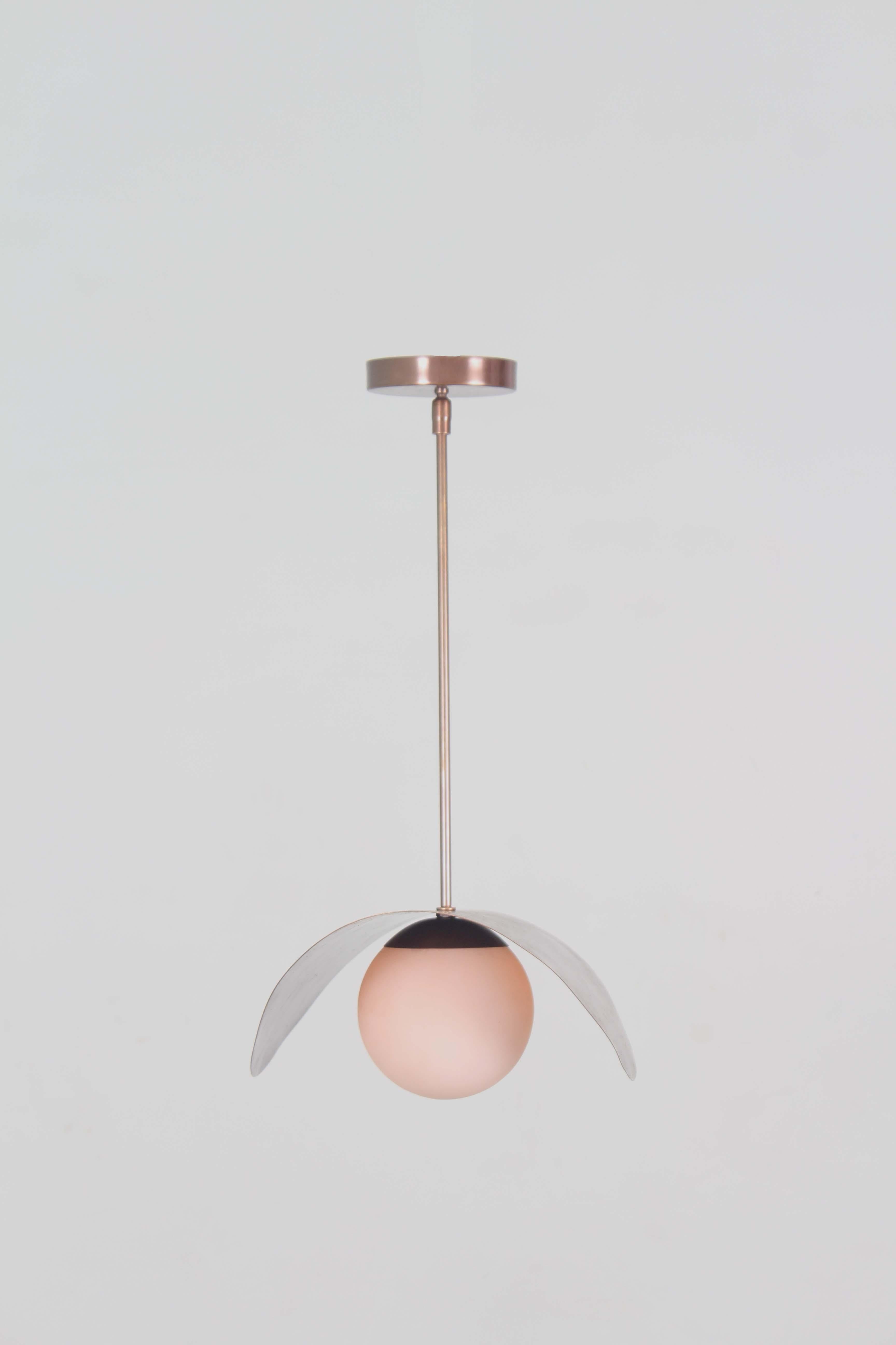 Contemporary Brass Saddle Shaped Shade Pendant  with Glass Globe For Sale