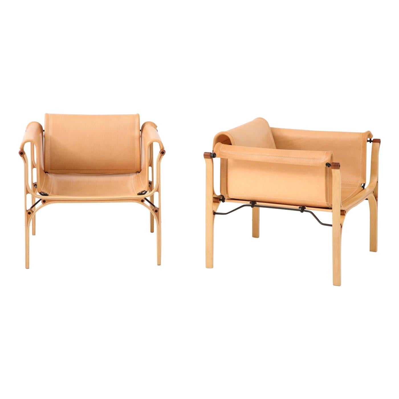 Pair of Saddle Stitched Leather Lounge Chairs, by Valdes
