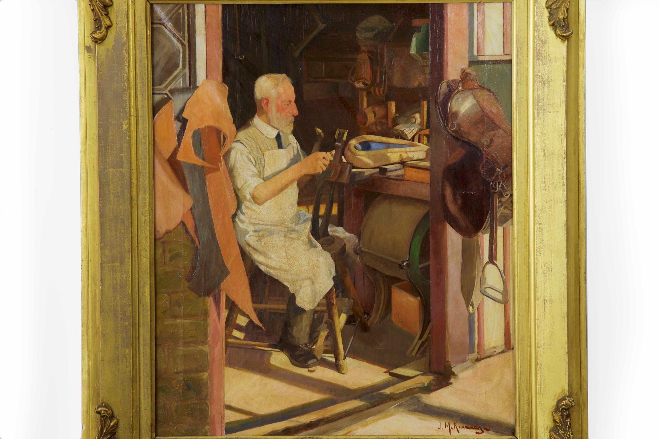 “Saddlemaker’s Shop” by Joseph Malachy Kavanagh R.H.A (Irish, 1856-1918)
In oil on canvas, signed J.M. Kavanagh lower right

Kavanagh’s skill and perspective as an artist are fully developed in this fine scene capturing a seated saddlemaker