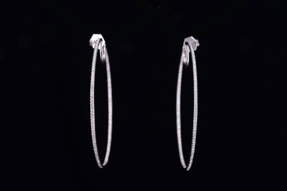 Women's Sade Diamond Hoop Earrings 1.50 Carats Natural Diamonds in 18 karat White Gold For Sale