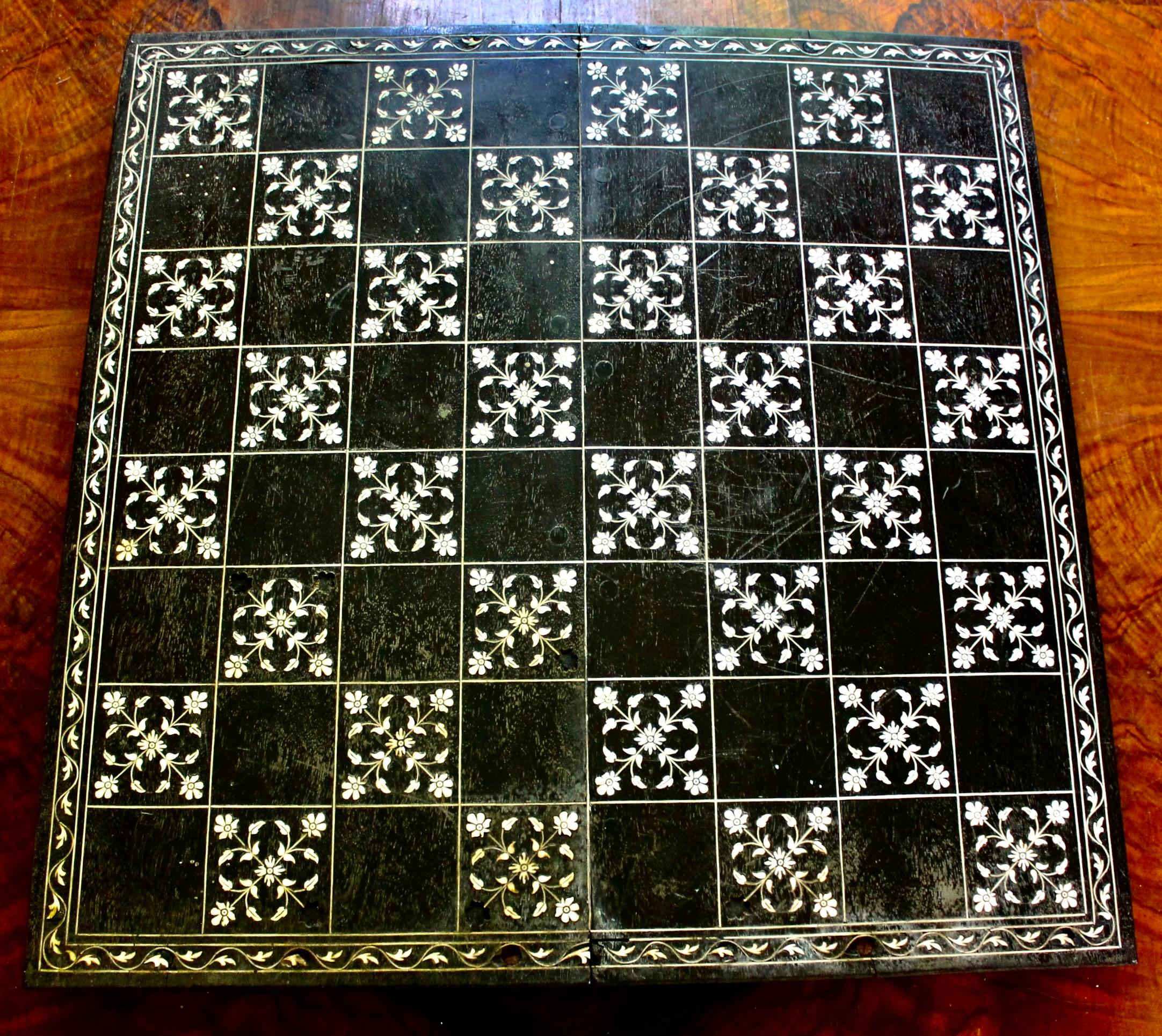 Anglo-Indian Bone inlay Ebony Chess Board 'Sadeli' work box.