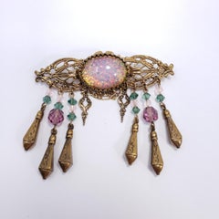 Sadie Green Vintage Cosmic Opal Cabochon Pin Brooch in Brass with Dangle Accents