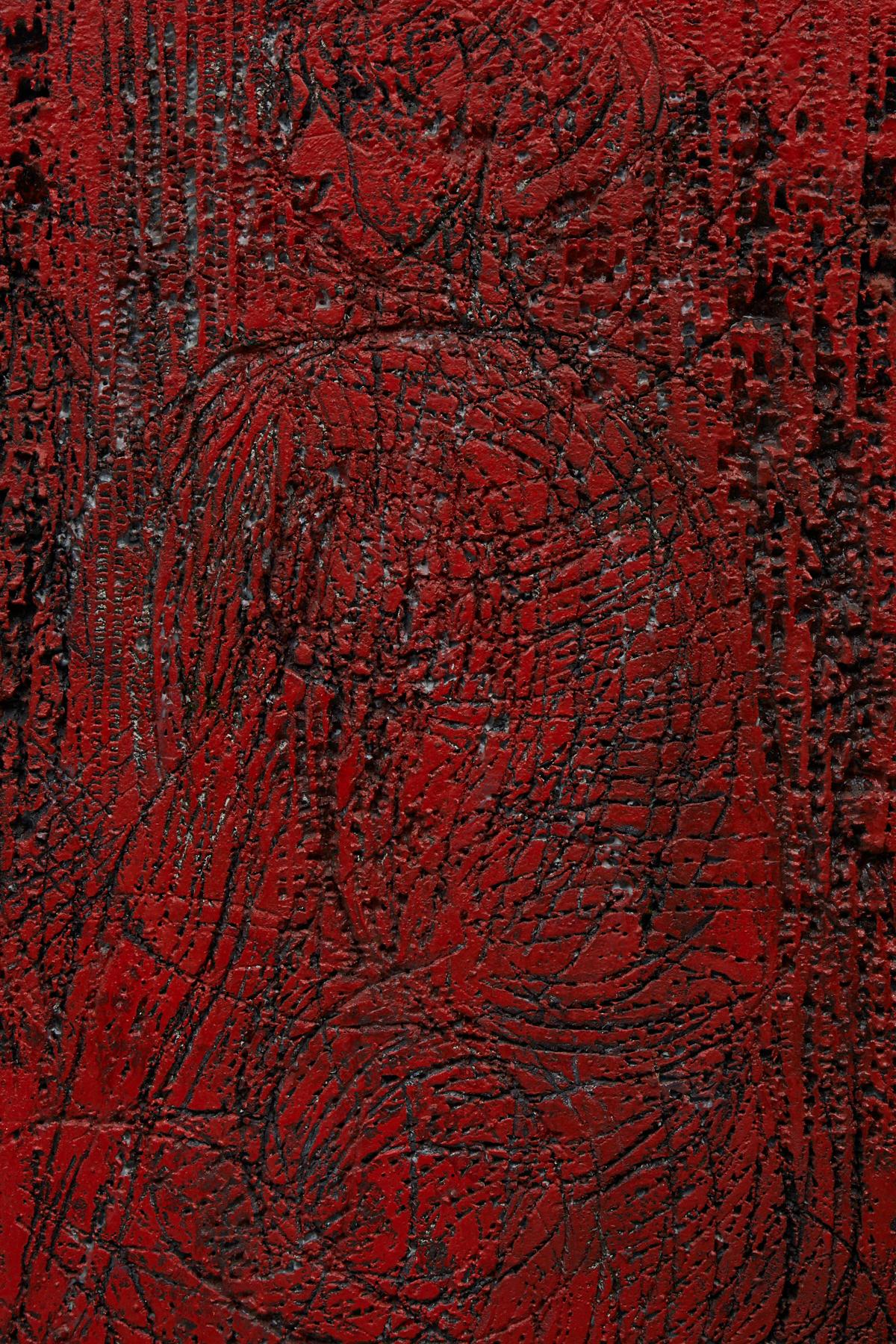 Red Seated Figure - Abstract wall sculpture made from carved and painted foam on board. Signed and titled on the back.

Sadie Hayms was a 'hylozoist artist'. Hylozoism is the doctrine that all matter has life. The idea for the first Hylozoist Art