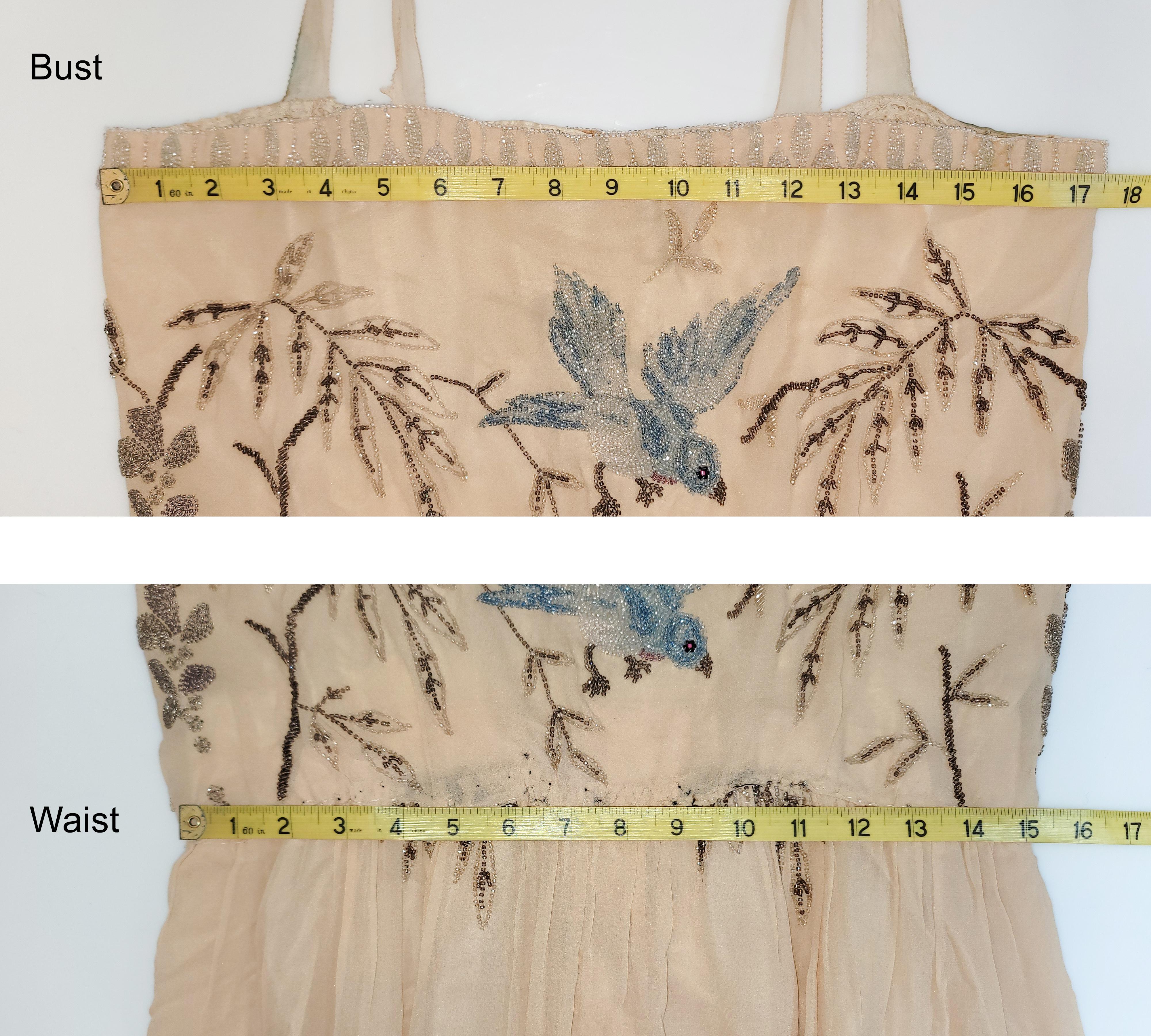 SADIE NEMSER c.1920's Cream Floral Bird Bead Embellished Silk Evening Dress  4