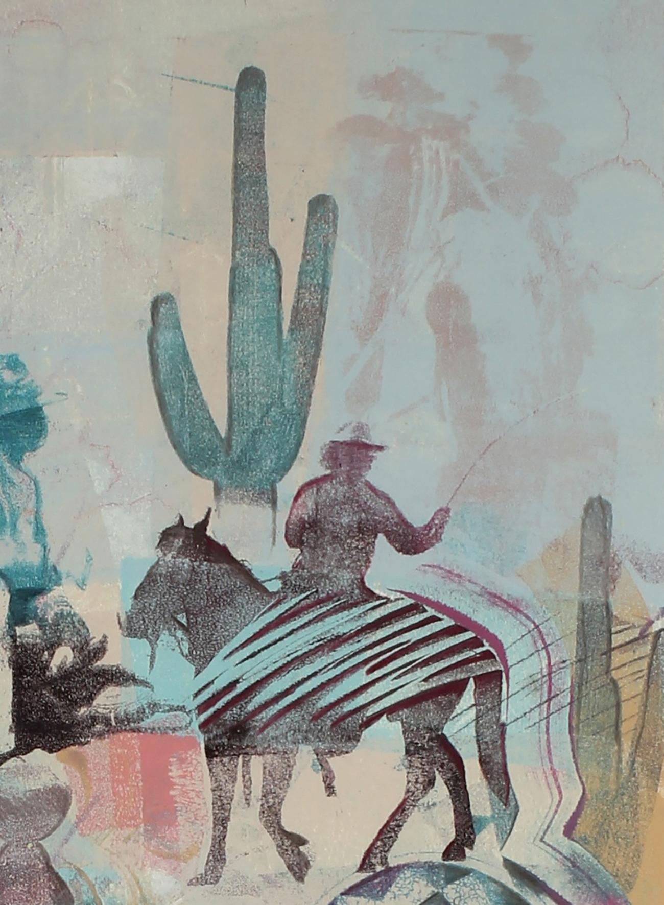 This 1980s monotype on paper western landscape with desert plants, cowboys and horses entitled 