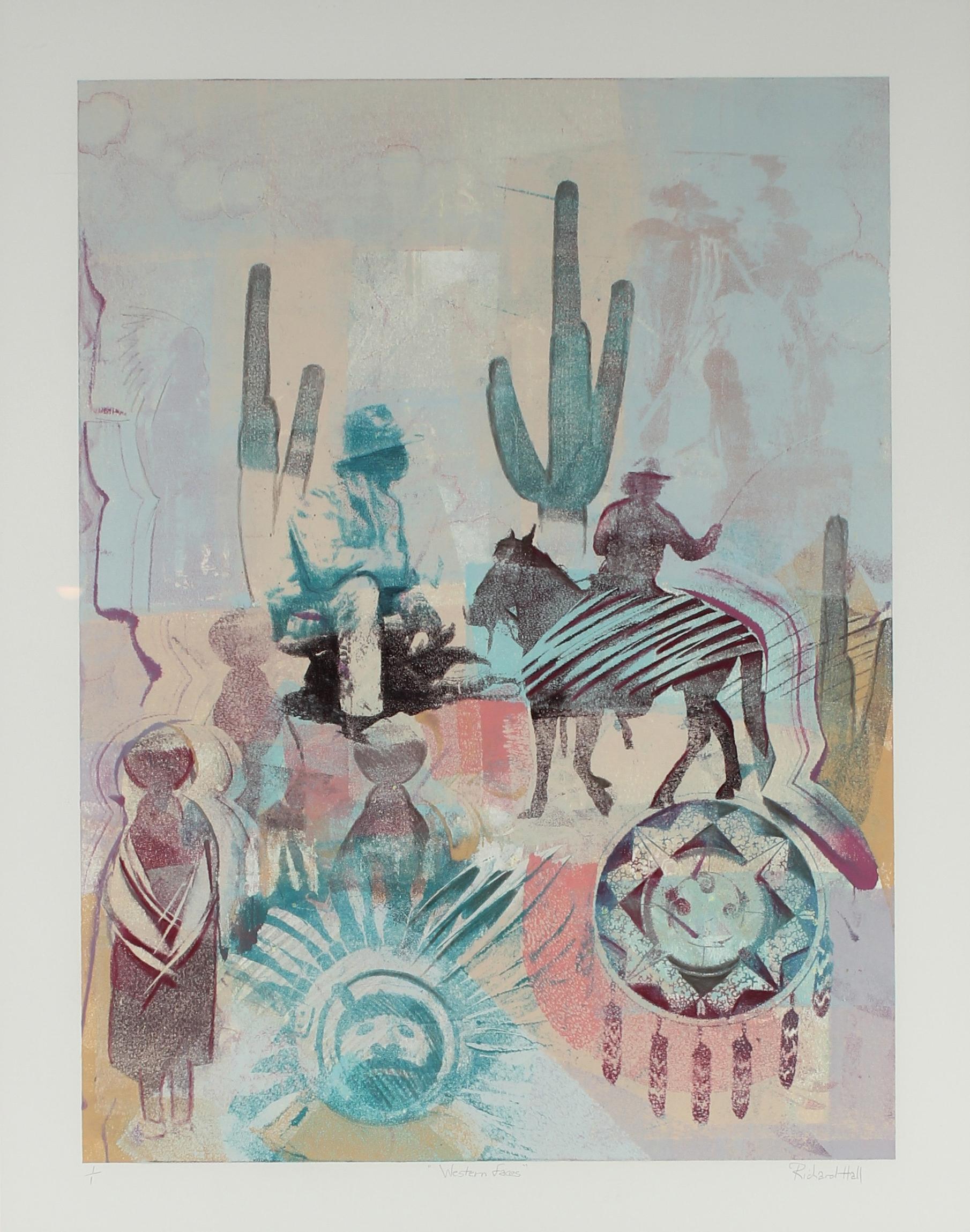 Sadie Van Patten Hall Landscape Print - "Western Faces" 1980s Monotype of Western Scene with Desert Plants and Cowboys