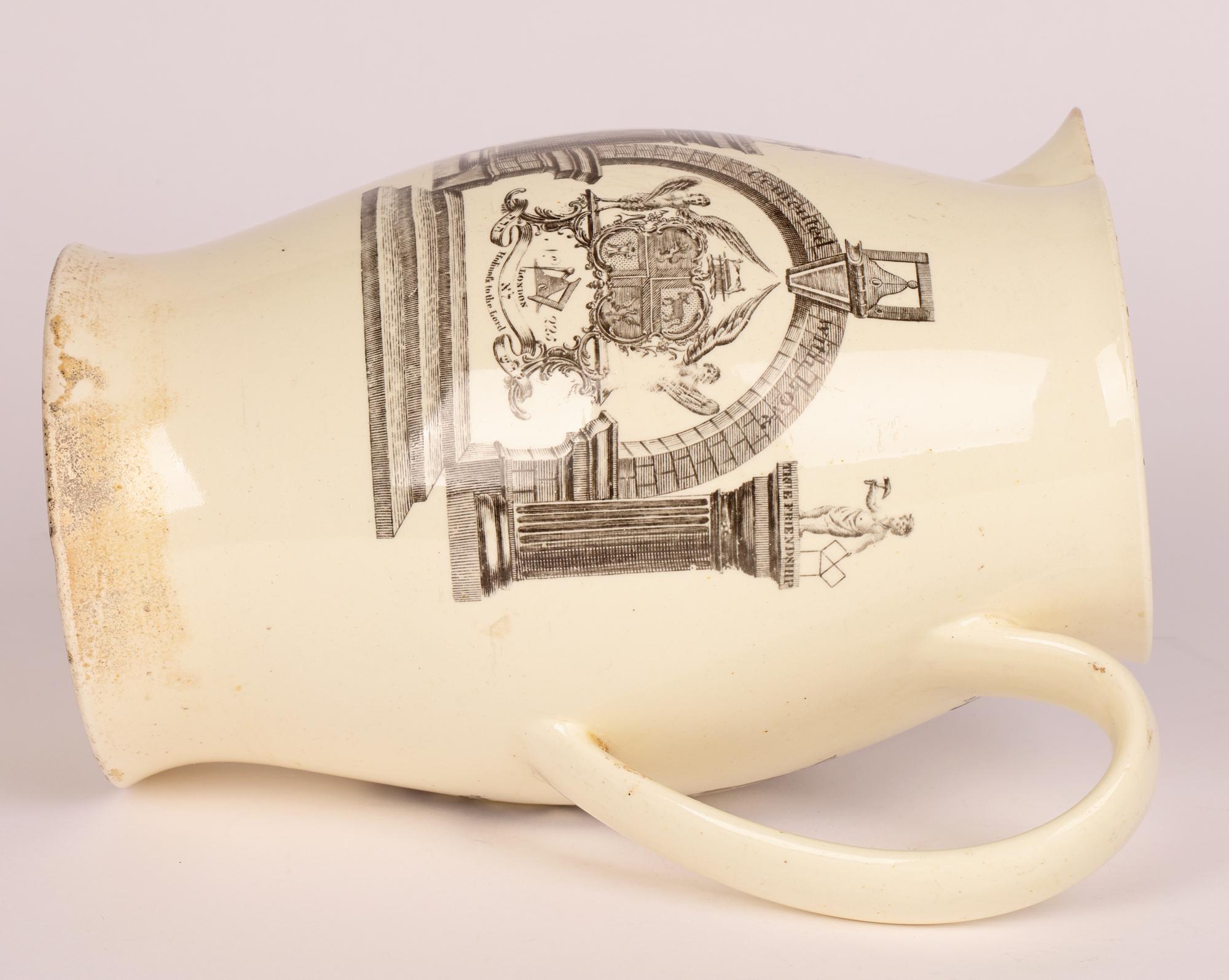 Late 18th Century Sadler and Green Creamware Large Masonic Black Printed Jug