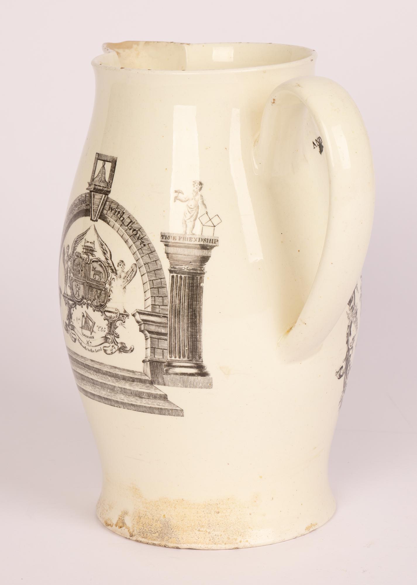 Sadler and Green Creamware Large Masonic Black Printed Jug For Sale 6