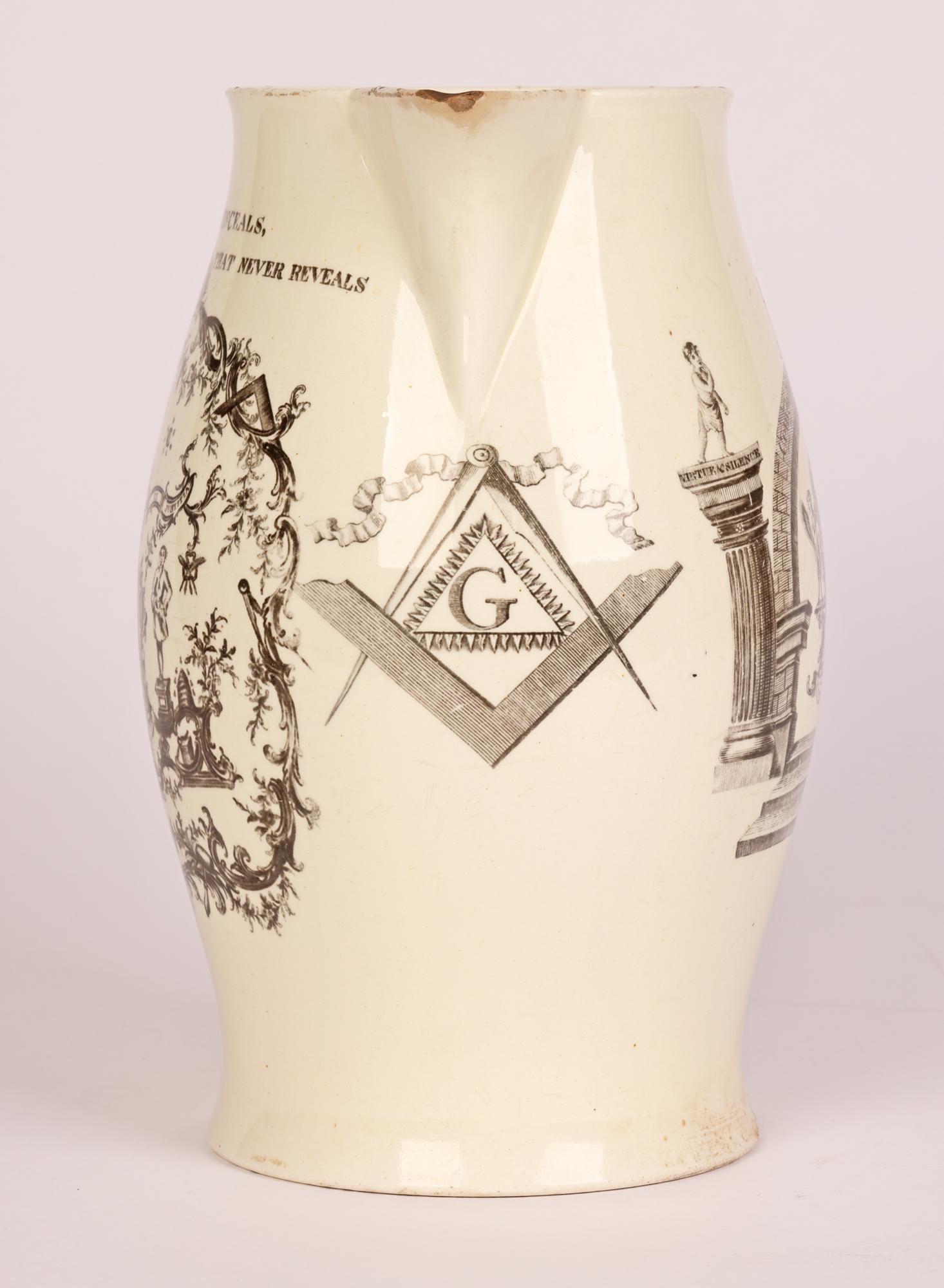 Grande cruche Masonique imprimée noire Sadler and Green Creamware Bon état - En vente à Bishop's Stortford, Hertfordshire