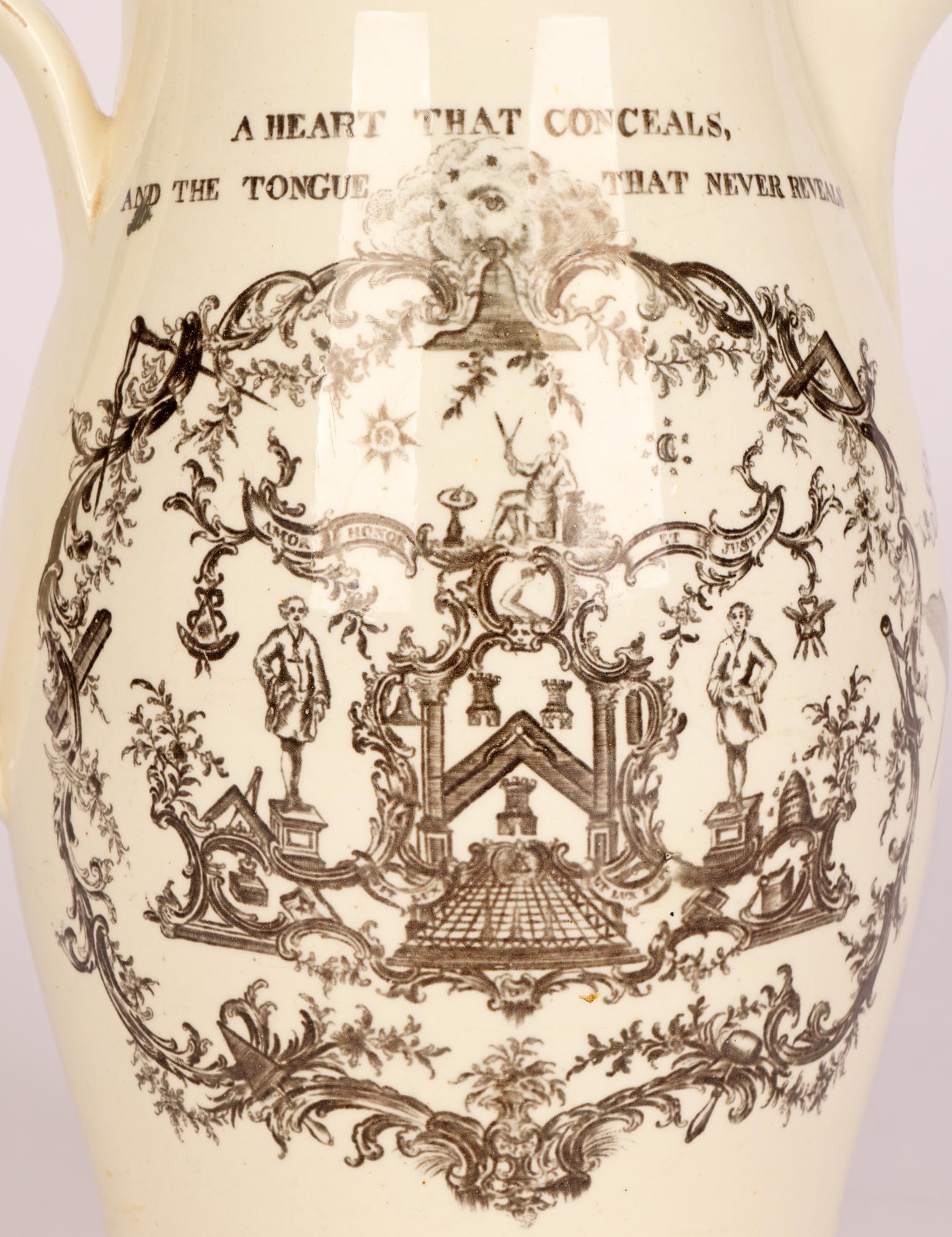 Fin du XVIIIe siècle Grande cruche Masonique imprimée noire Sadler and Green Creamware en vente