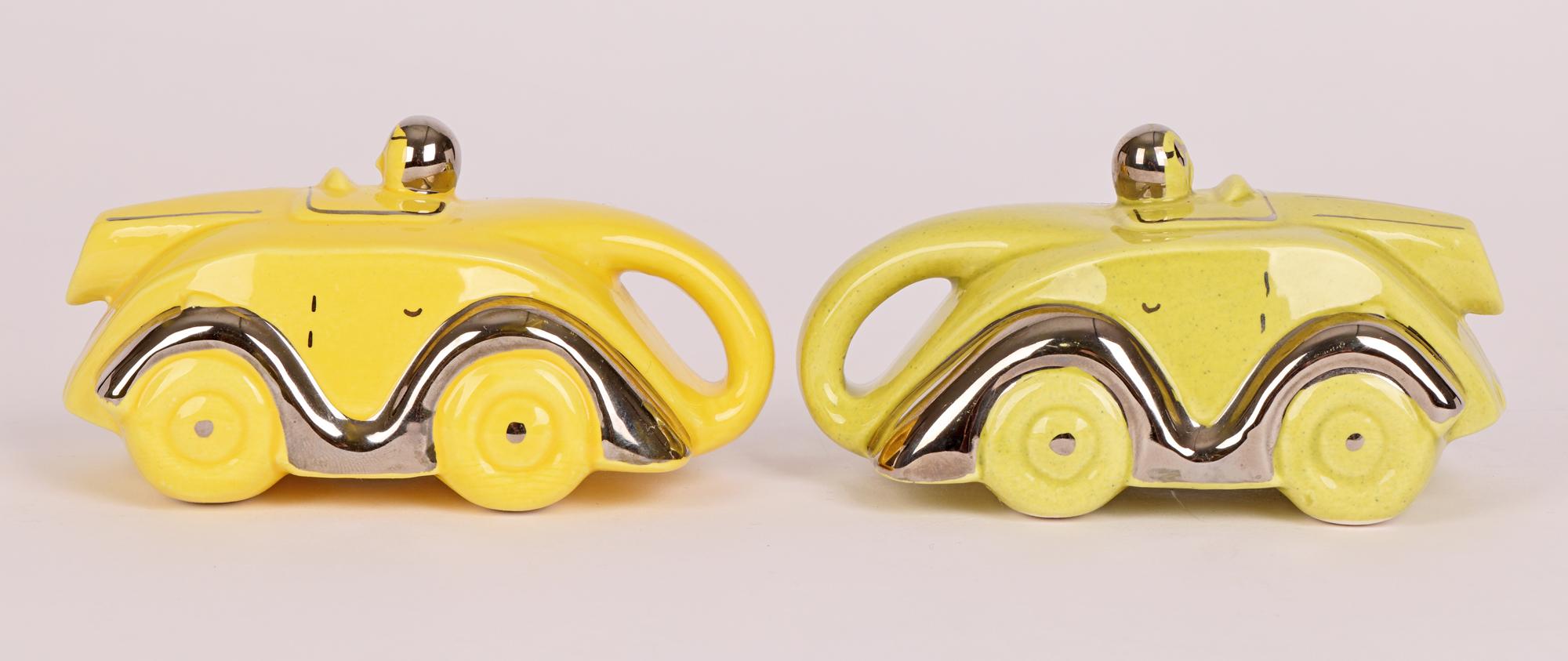 Ceramic Sadler Style Pair Art Deco Pottery Racing Car Cruets For Sale