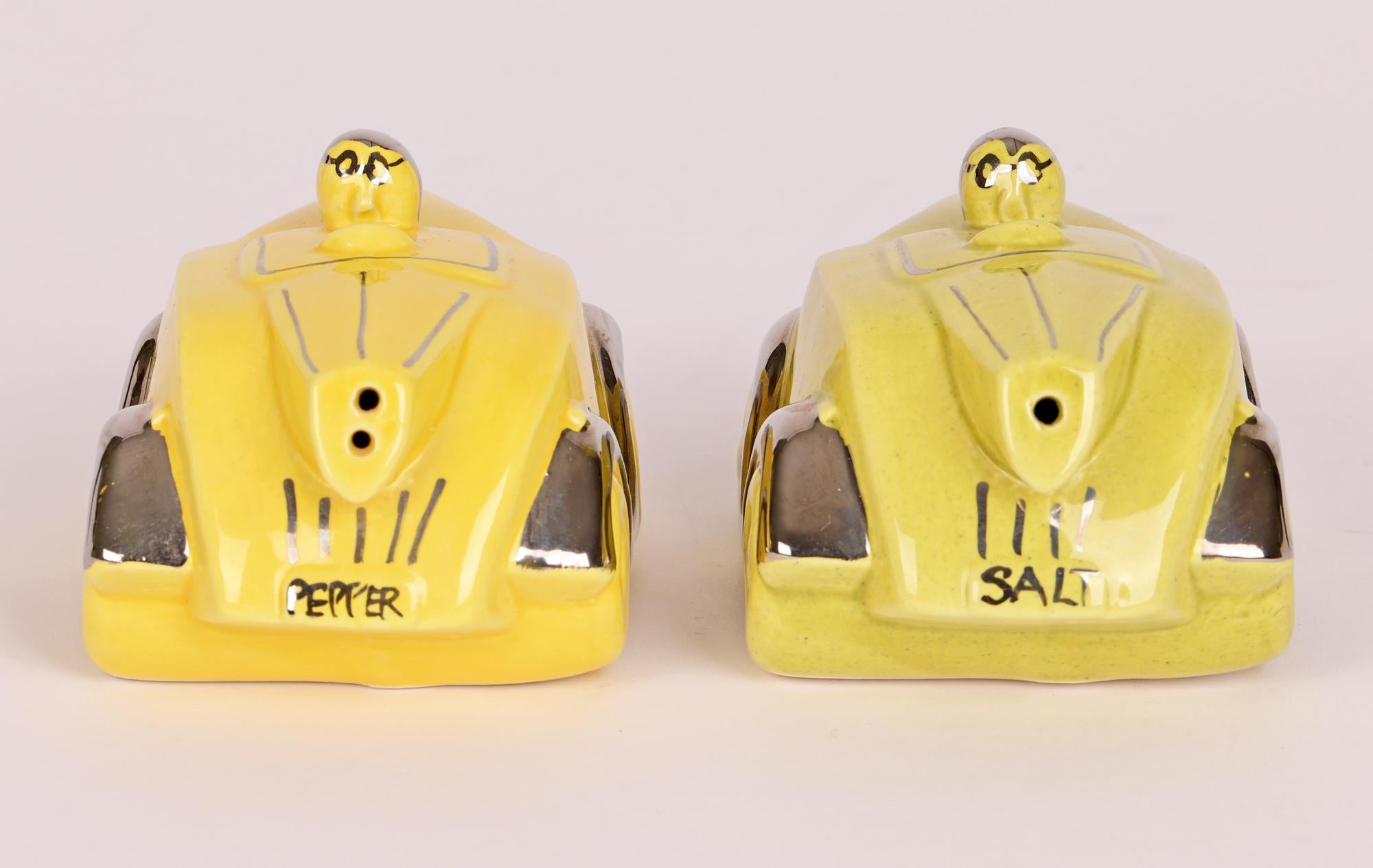 Sadler Style Pair Art Deco Pottery Racing Car Cruets In Good Condition For Sale In Bishop's Stortford, Hertfordshire