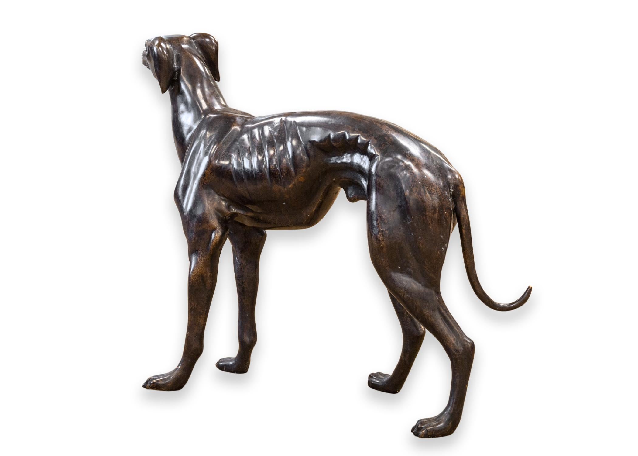 A bronze whippet or greyhound dog sculpture. A lovely little life-sized sculpture that is perfect for any canine lover. This piece is beautifully made, with tons of detail, and a real-to-life scale. This piece is in very good condition. It has a tag