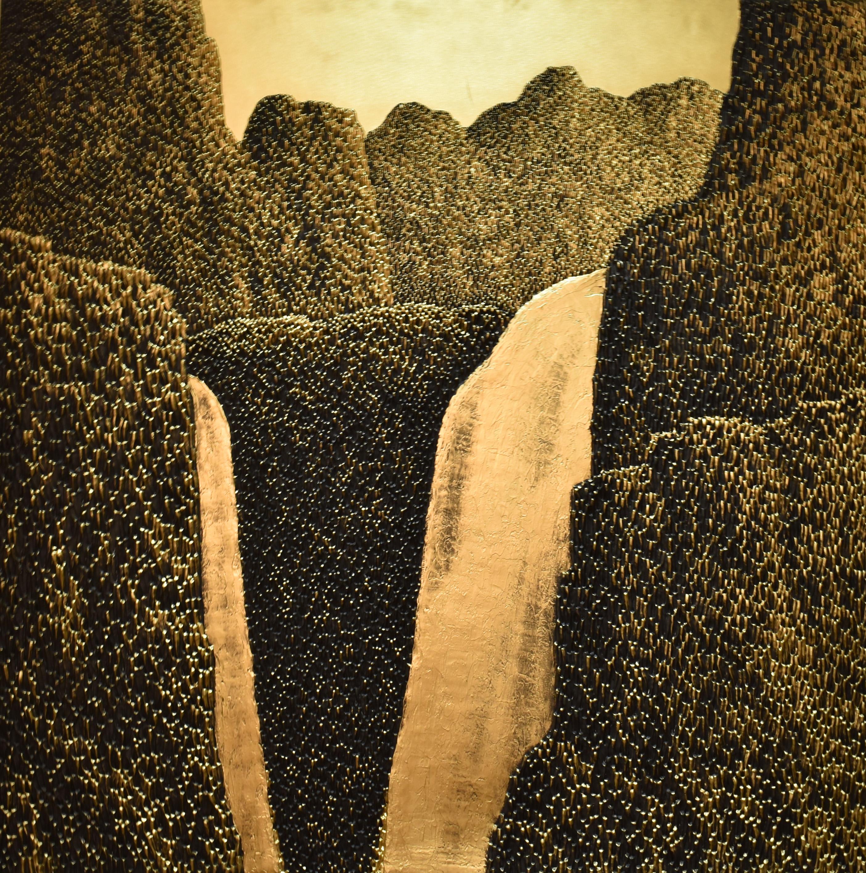 Saenkom Chansrinual Landscape Painting - "Grand Mountain & Waterfall IV", Gold impasto painting, solid acrylic on canvas