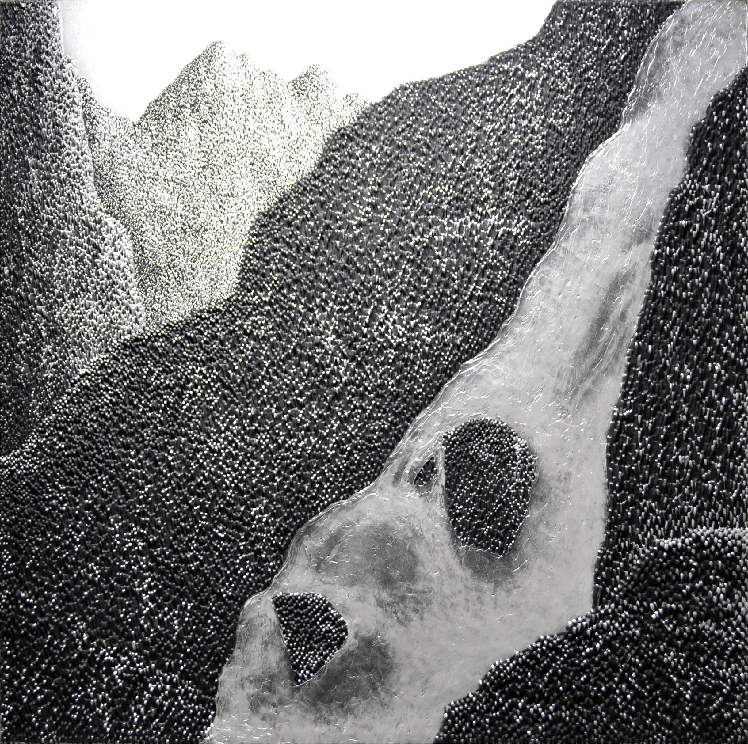 „Grand Mountain – Wasserfall“, Silber Impasto-Gemälde, massives Acryl auf Leinwand