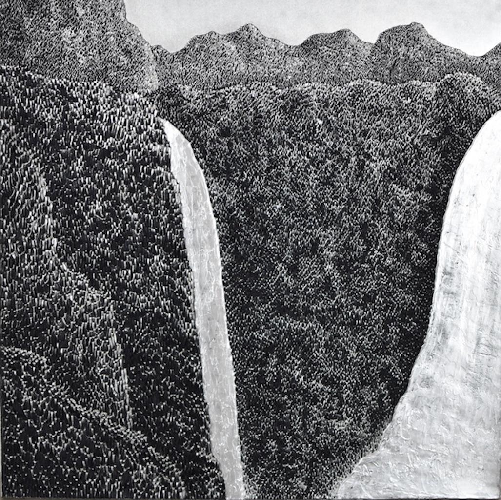 "Grand Mountain & Waterfall", Silver impasto painting, solid acrylic on canvas