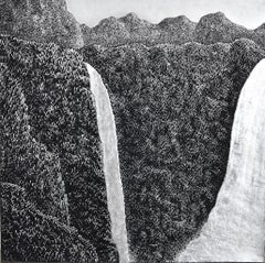 « Grand Mountain & Waterfall », peinture à l'empâtement d'argent, acrylique solide sur toile